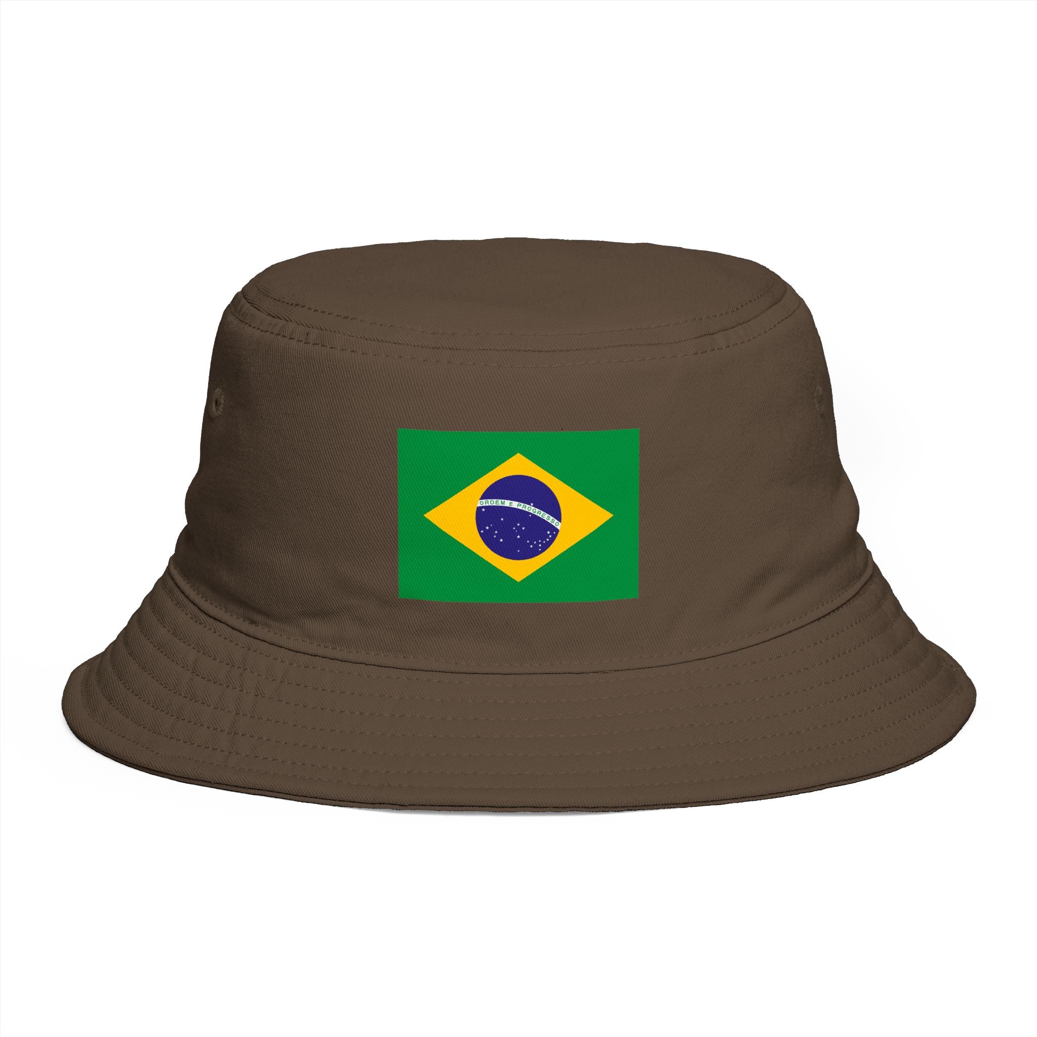 Brazil Flag Bucket Hat — Brown Cotton Sun Hat with Brazilian Flag Patch