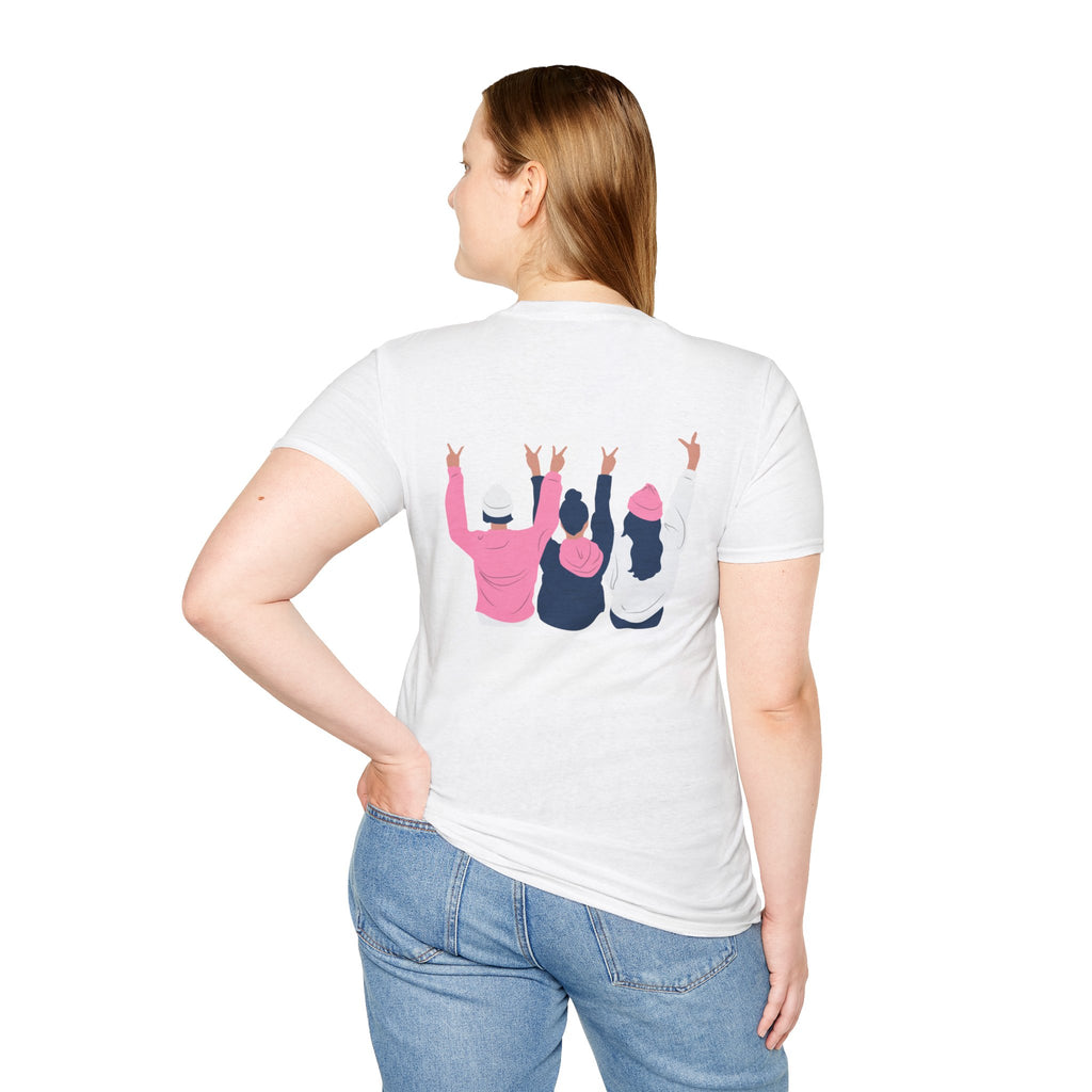 Friends Graphic T-Shirt — Back-View Trio Pink Navy Illustration