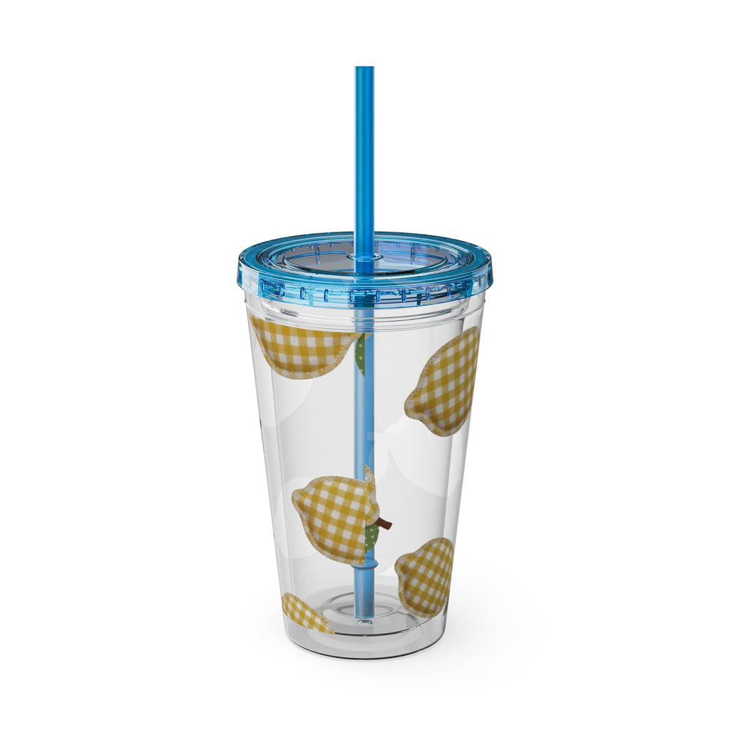 Gingham Pear Sunsplash Tumbler, 16oz Clear Travel Cup with Straw