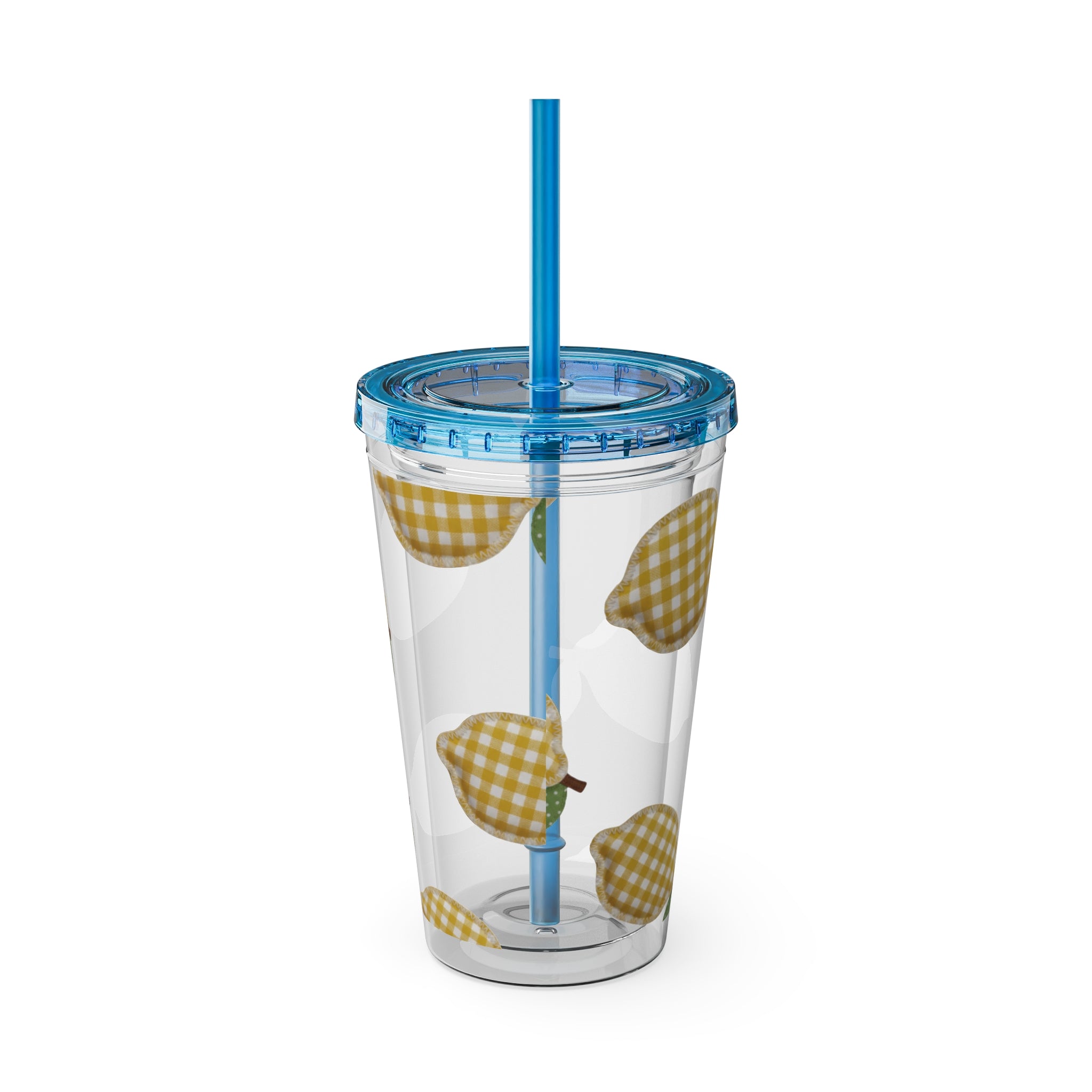 Gingham Pear Sunsplash Tumbler, 16oz Clear Travel Cup with Straw