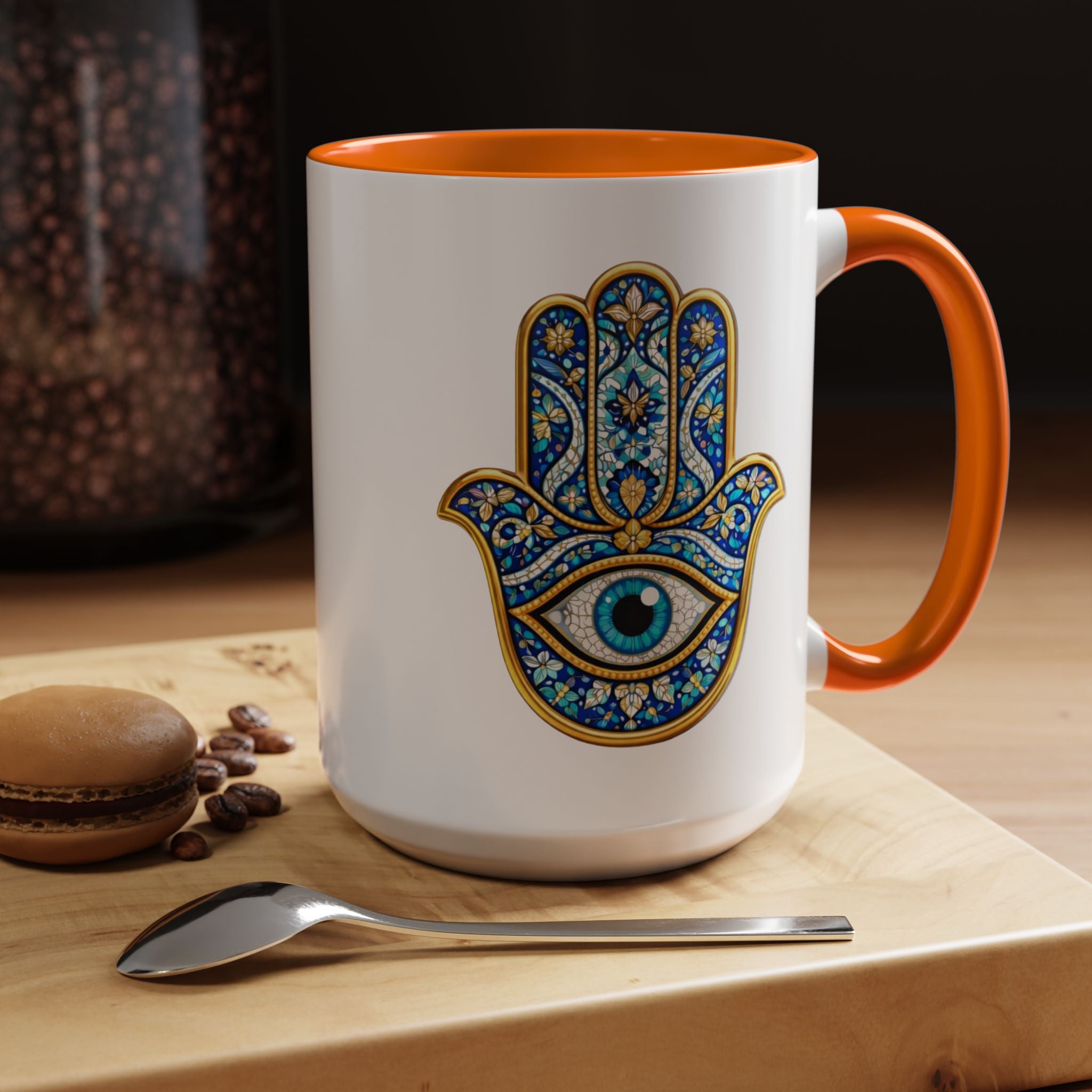 Hamsa Hand Accent Coffee Mug – Blue Protective Evil Eye Ceramic Mug (11/15oz)