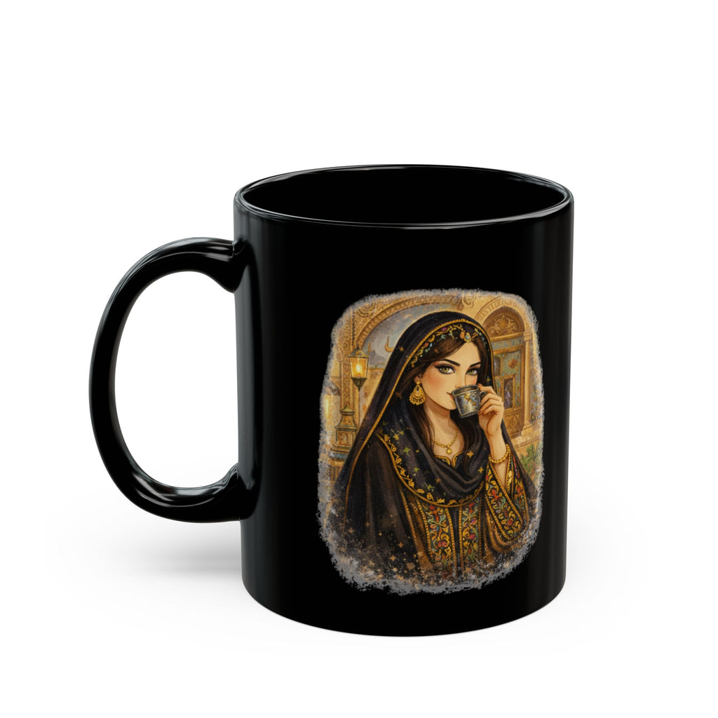 Black Ceramic Mug — Middle Eastern Tea Lady Illustration, Vintage Cultural Art Coffee Cup (11oz/15oz)