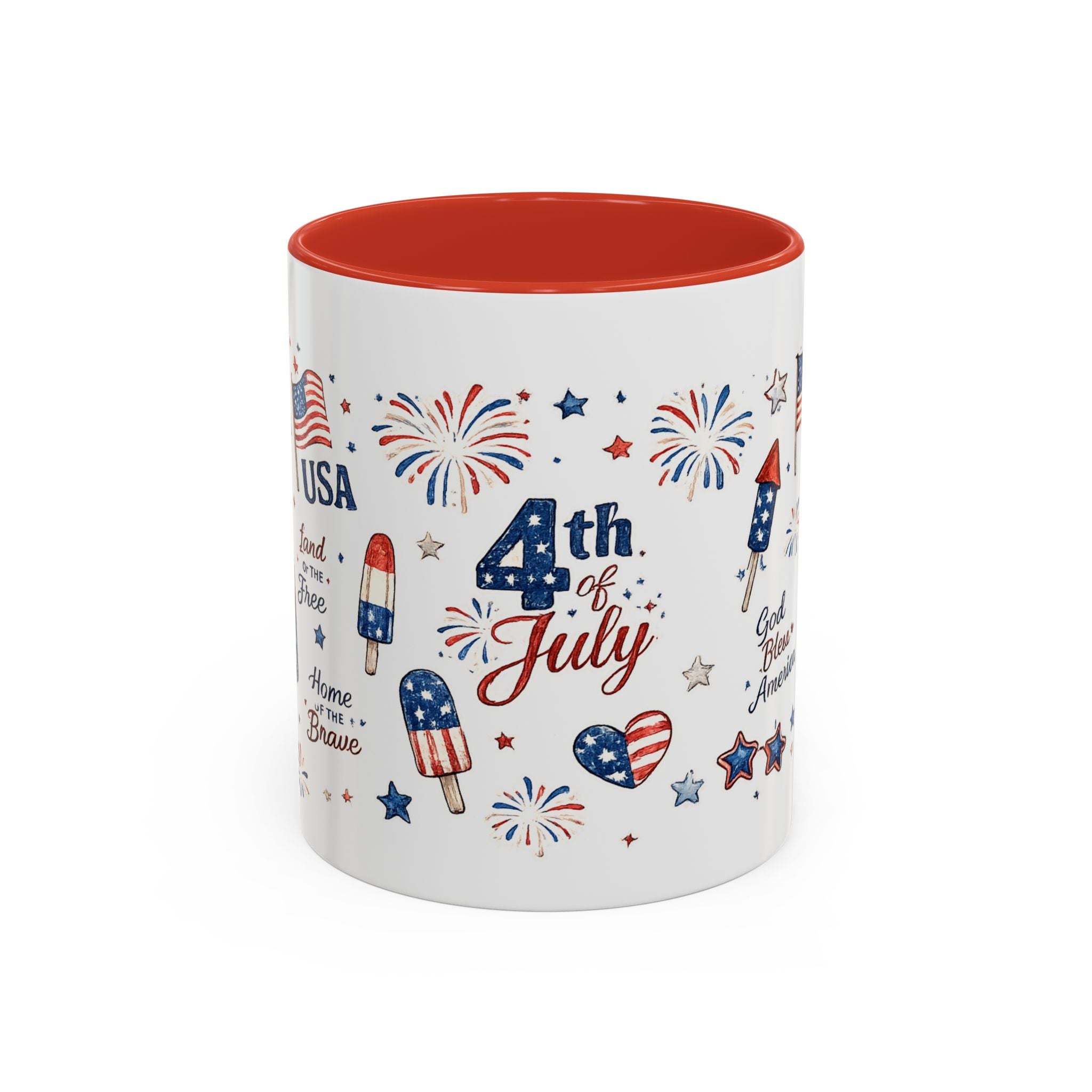 4th of July Accent Coffee Mug — Patriotic Fireworks & God Bless America Design (11oz)