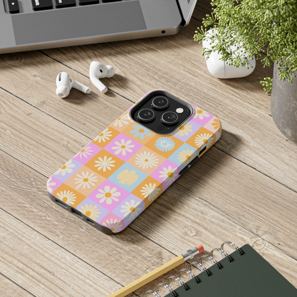 Daisy Check Tough Phone Case – Retro Pastel Floral iPhone Cover