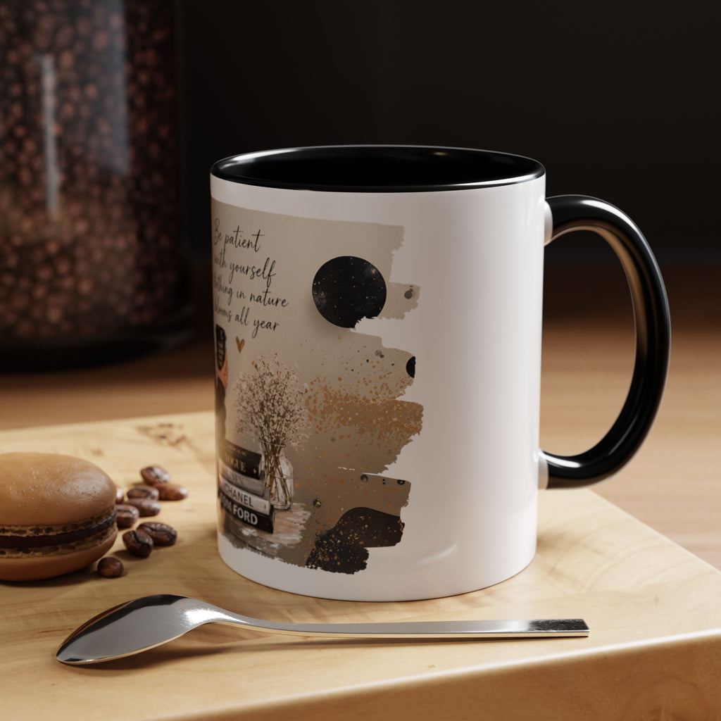 Inspirational Coffee Mug — "Be patient with yourself" Cozy Woman Design (11oz)