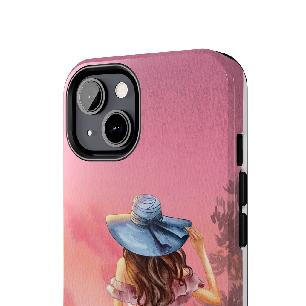 Pastel Picnic Girl Phone Case — Protective Tough Phone Case with Watercolor Sunset Design