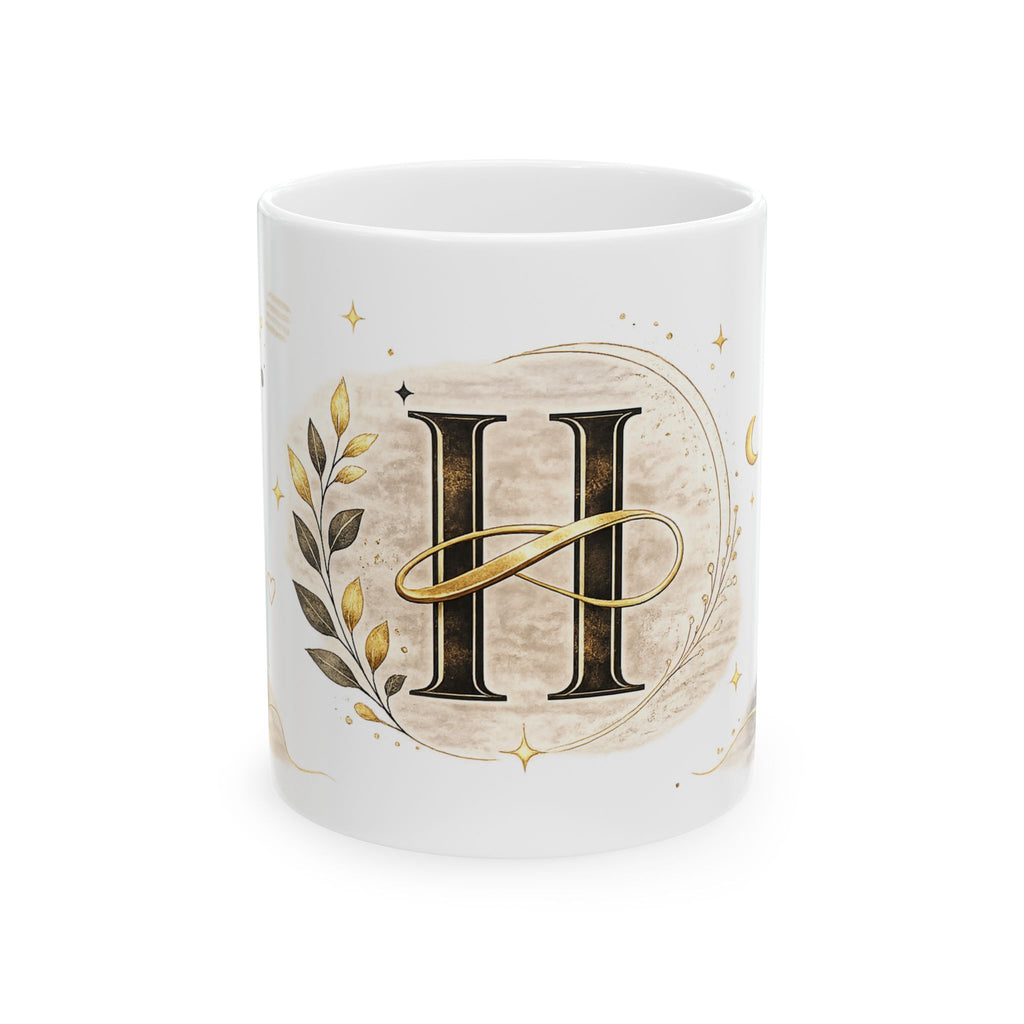 Monogram H Initial Ceramic Mug — Elegant Gold Botanical Letter Coffee Cup