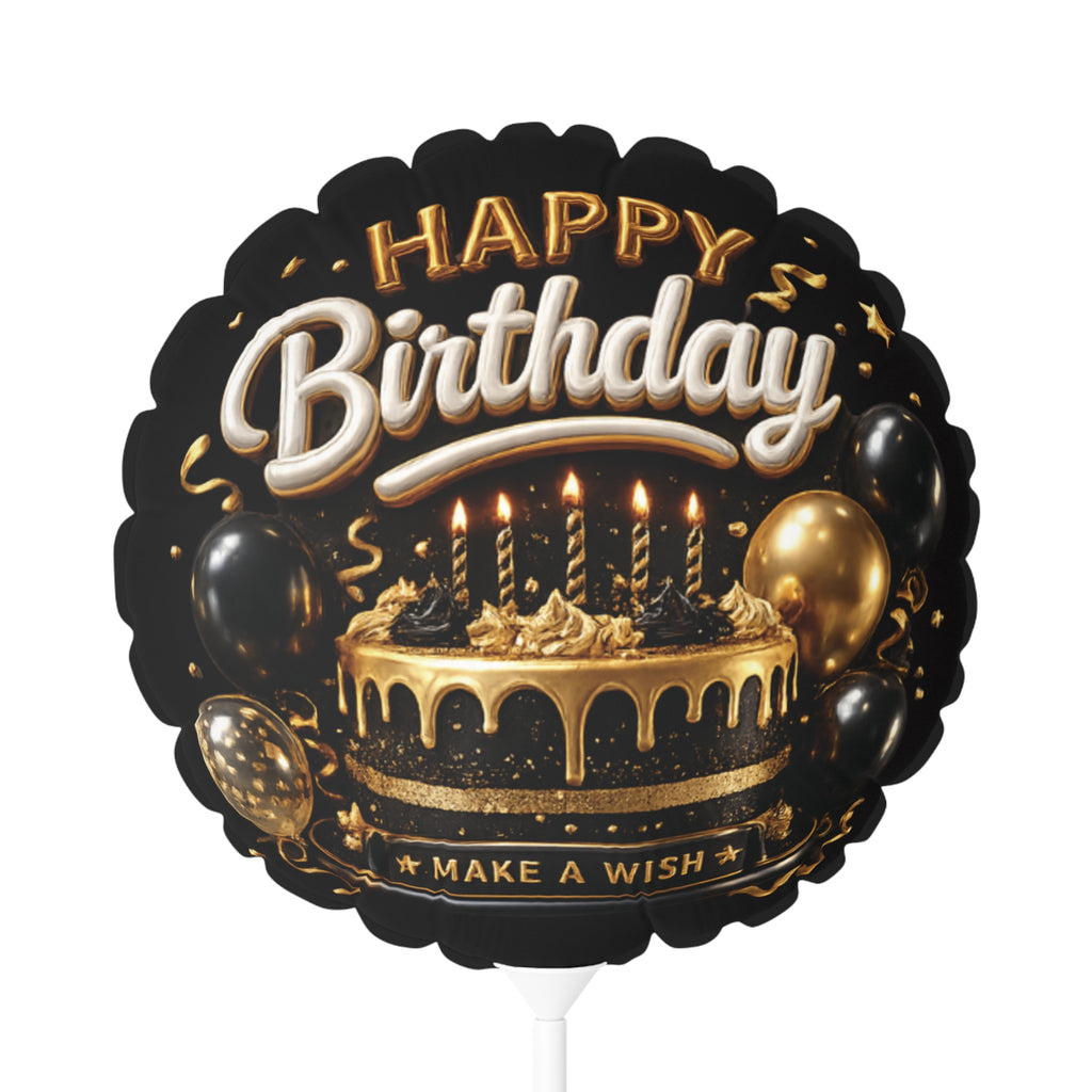 Happy Birthday 11" Foil Balloon — Black & Gold Cake Design