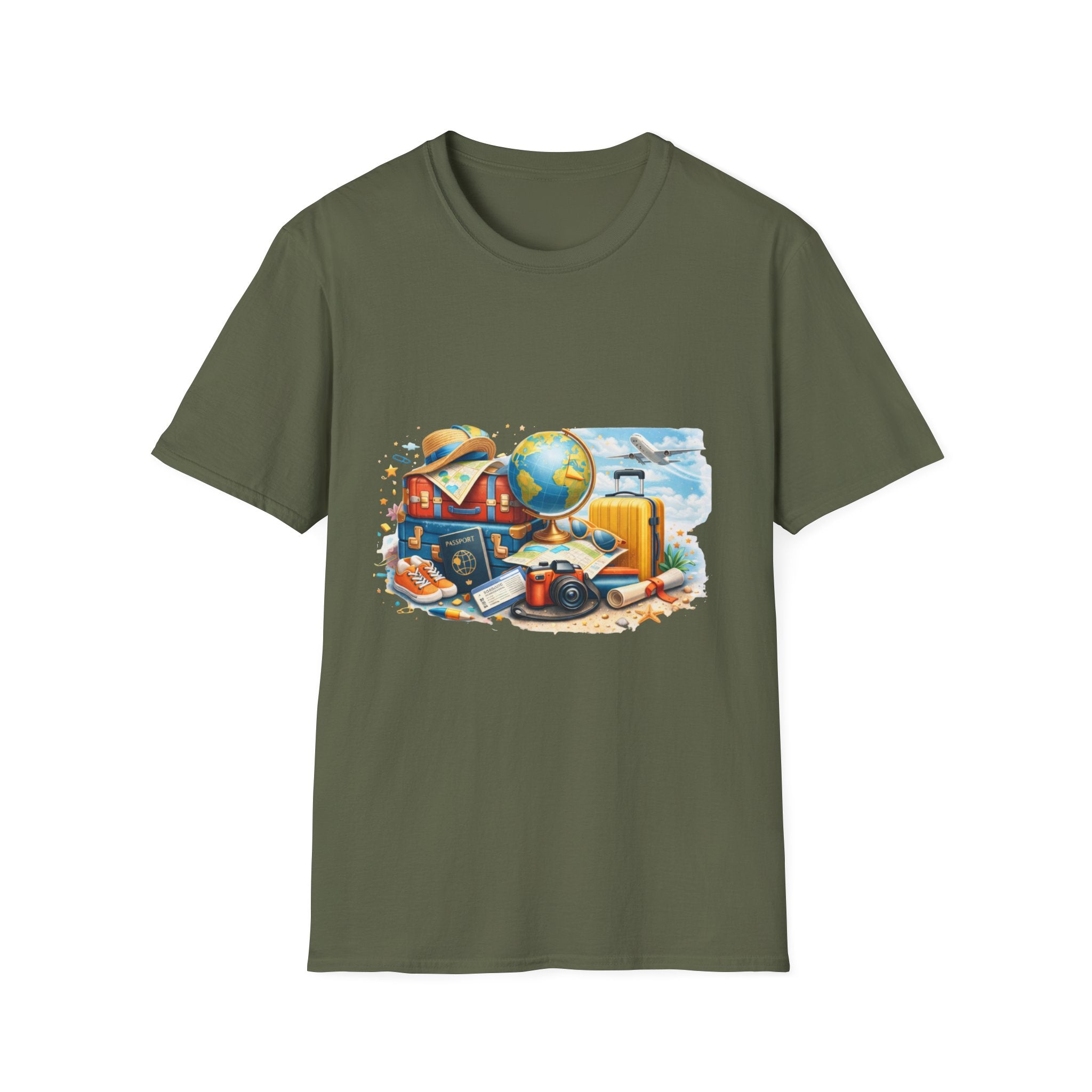 Travel Vibes T-Shirt — Retro Luggage, Globe & Camera Design