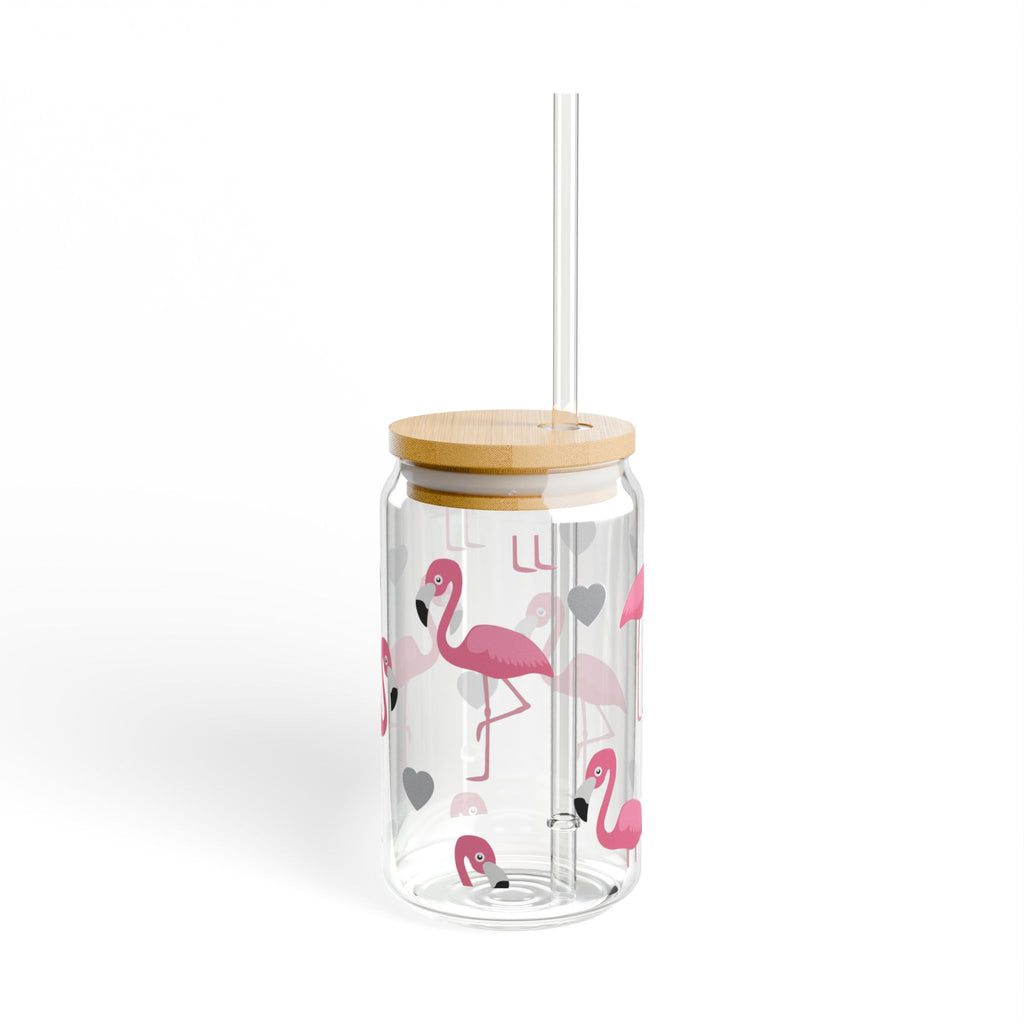 Flamingo Hearts Sipper Glass — 16oz Reusable Straw Tumbler