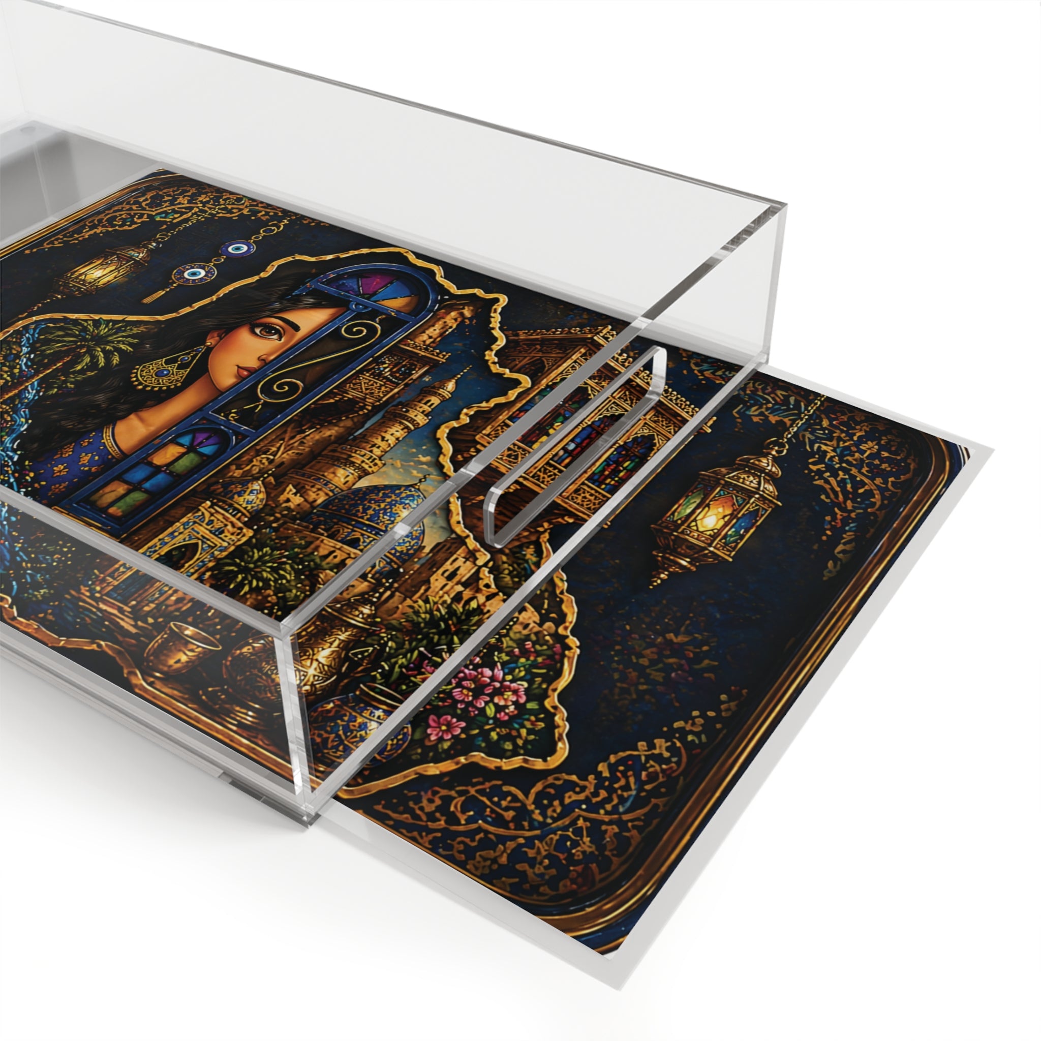 Acrylic Tray — Middle Eastern Nightscape Serving Tray with Lanterns & Woman Illustration