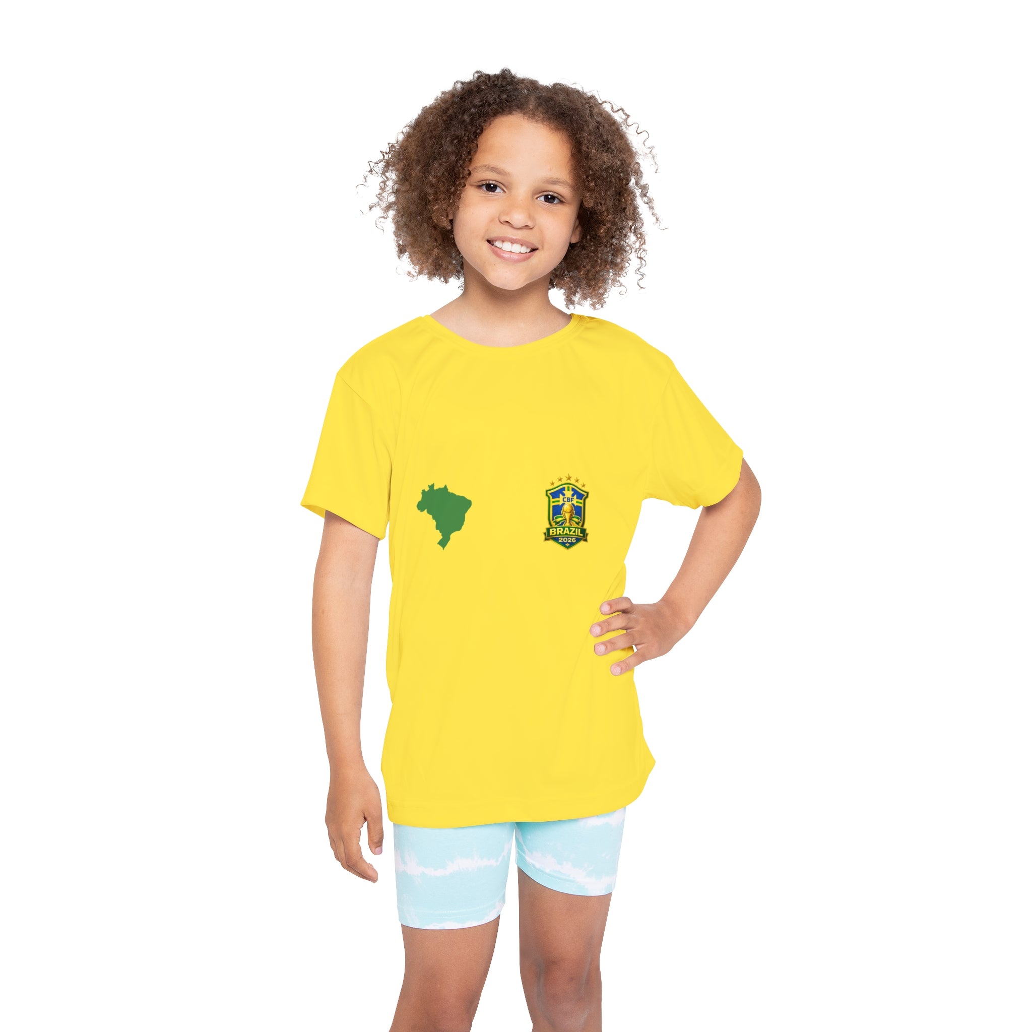 Brazil Kids Soccer Jersey – Yellow AOP Shirt with Flag and Crest