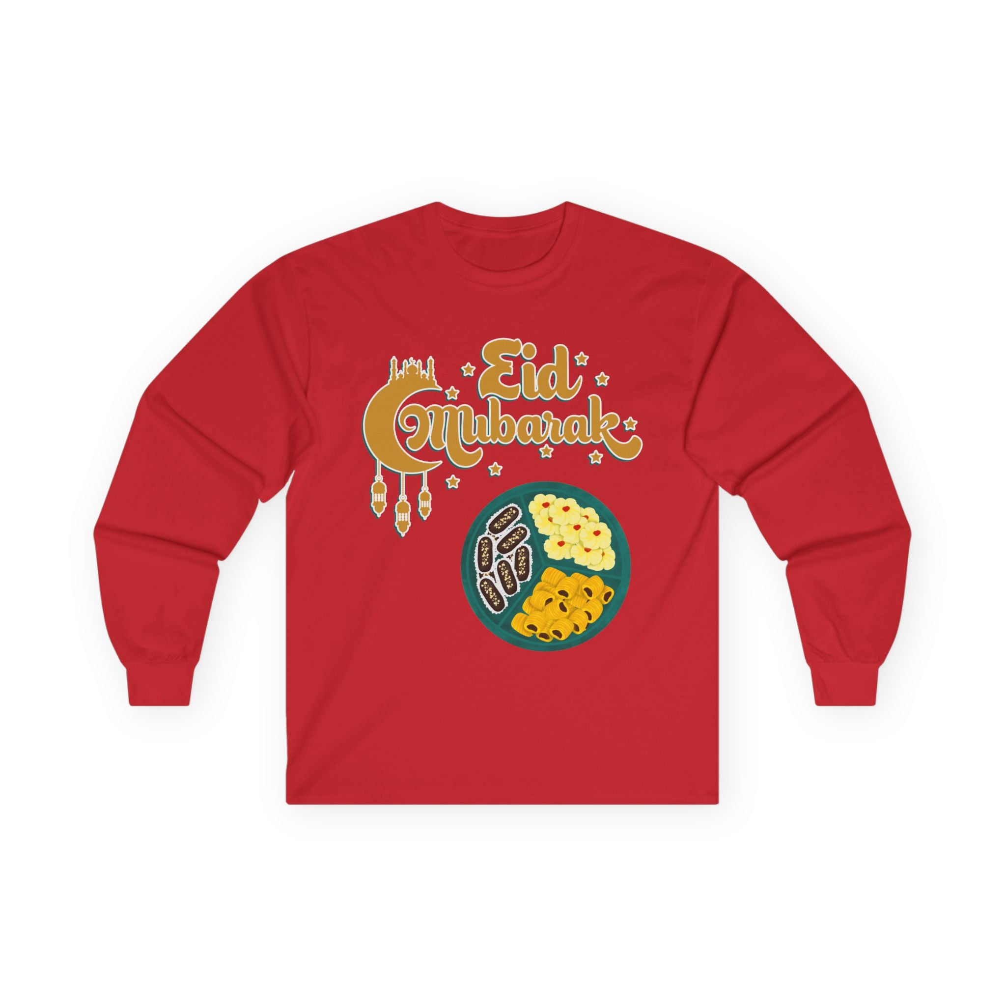 Eid Mubarak Long Sleeve Tee — Festive Ramadan Celebration Shirt with Dates & Sweets Design