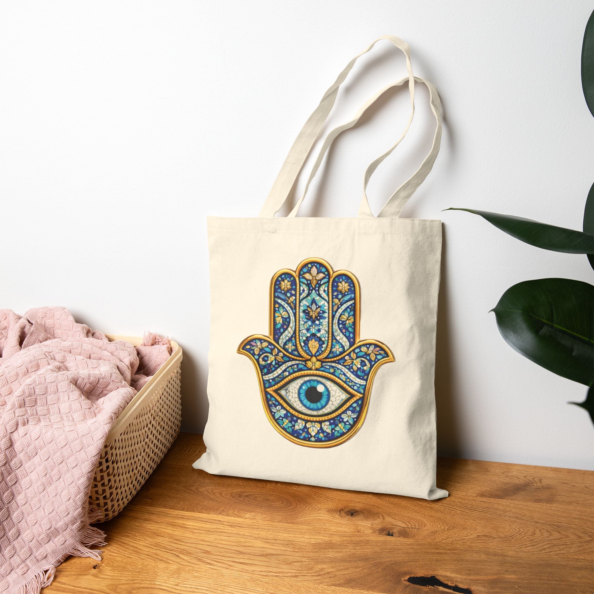 Hamsa Hand Tote Bag — Boho Evil Eye Cotton Canvas Shopper