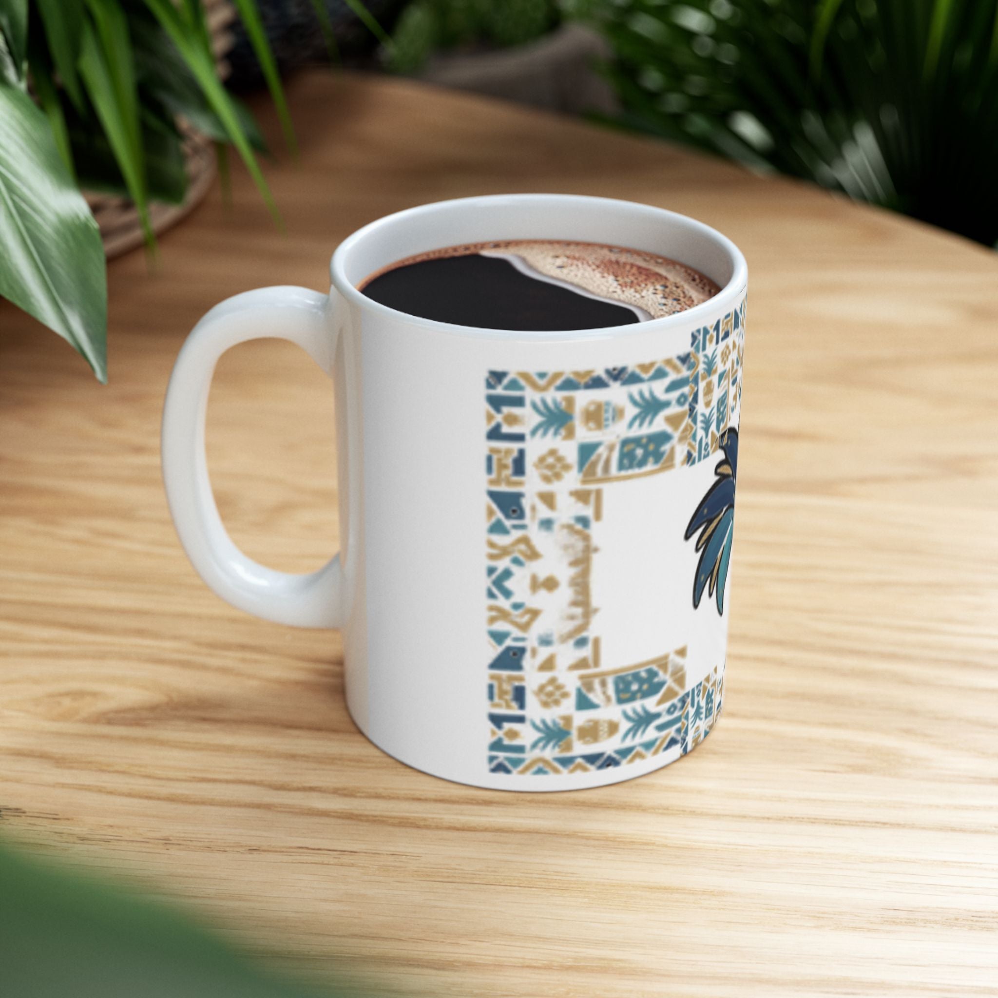 Blue Palm Tree Mosaic Ceramic Mug – Coastal Boho 11oz/15oz Coffee Cup