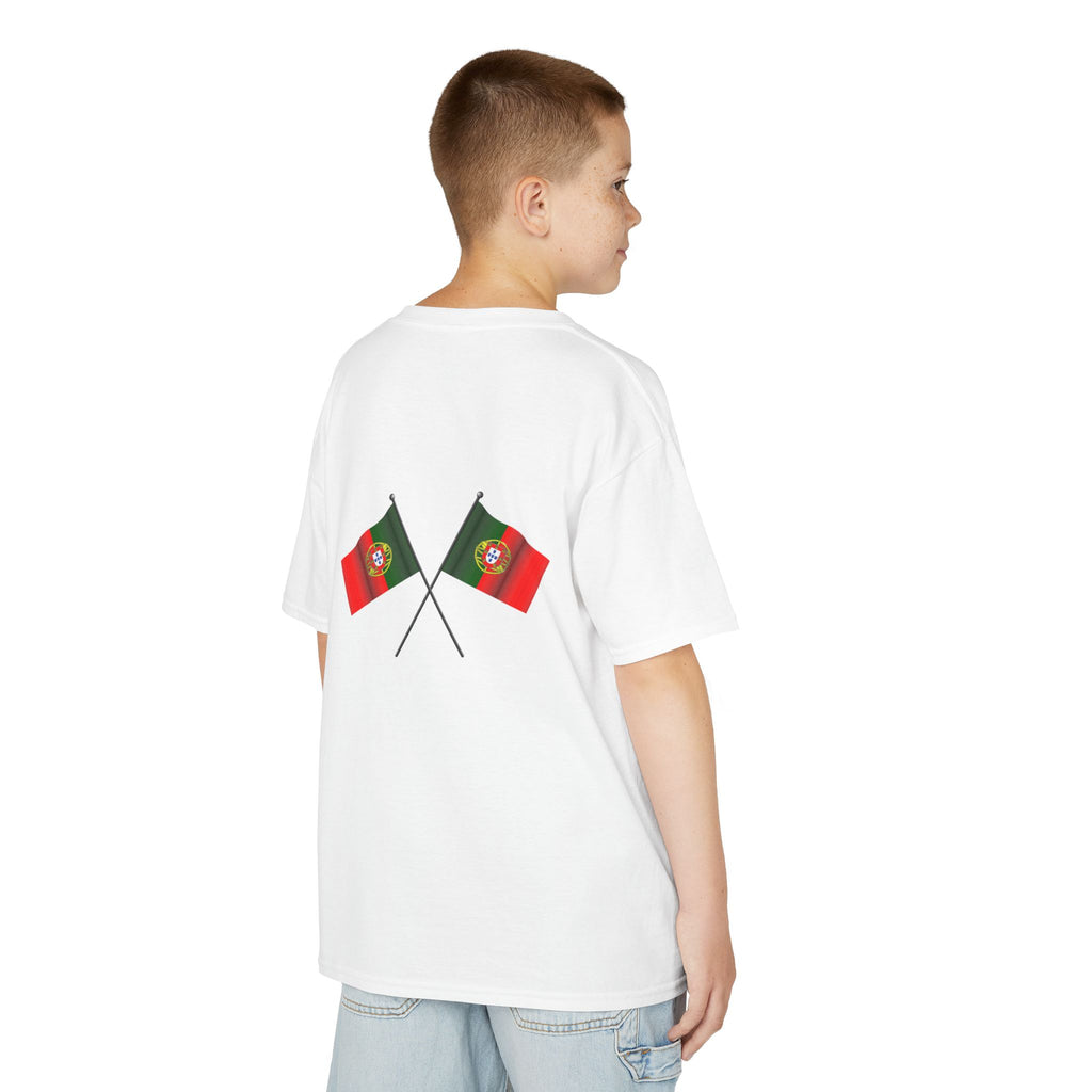 Portugal Kids T‑Shirt — Painted Flag Design (Front Crest, Back Crossed Flags)