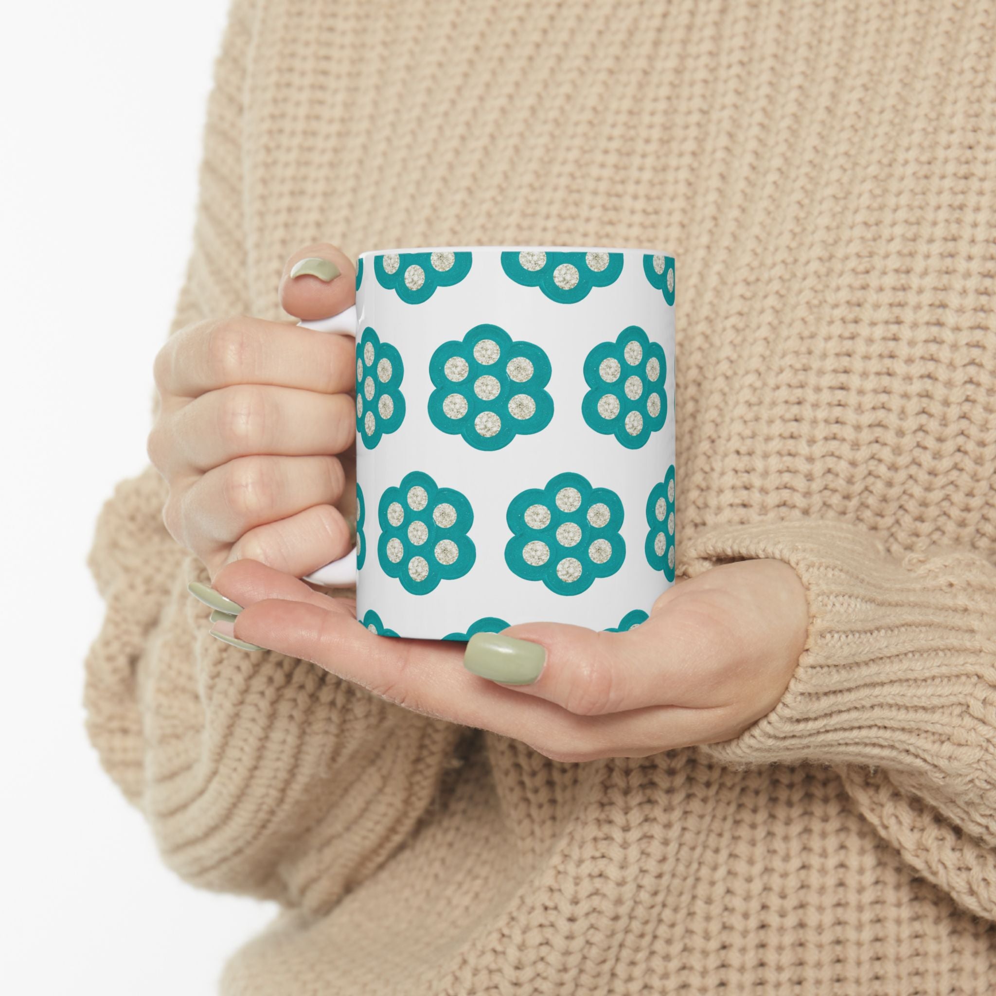 Teal Floral Pattern Ceramic Mug (11oz, 15oz)