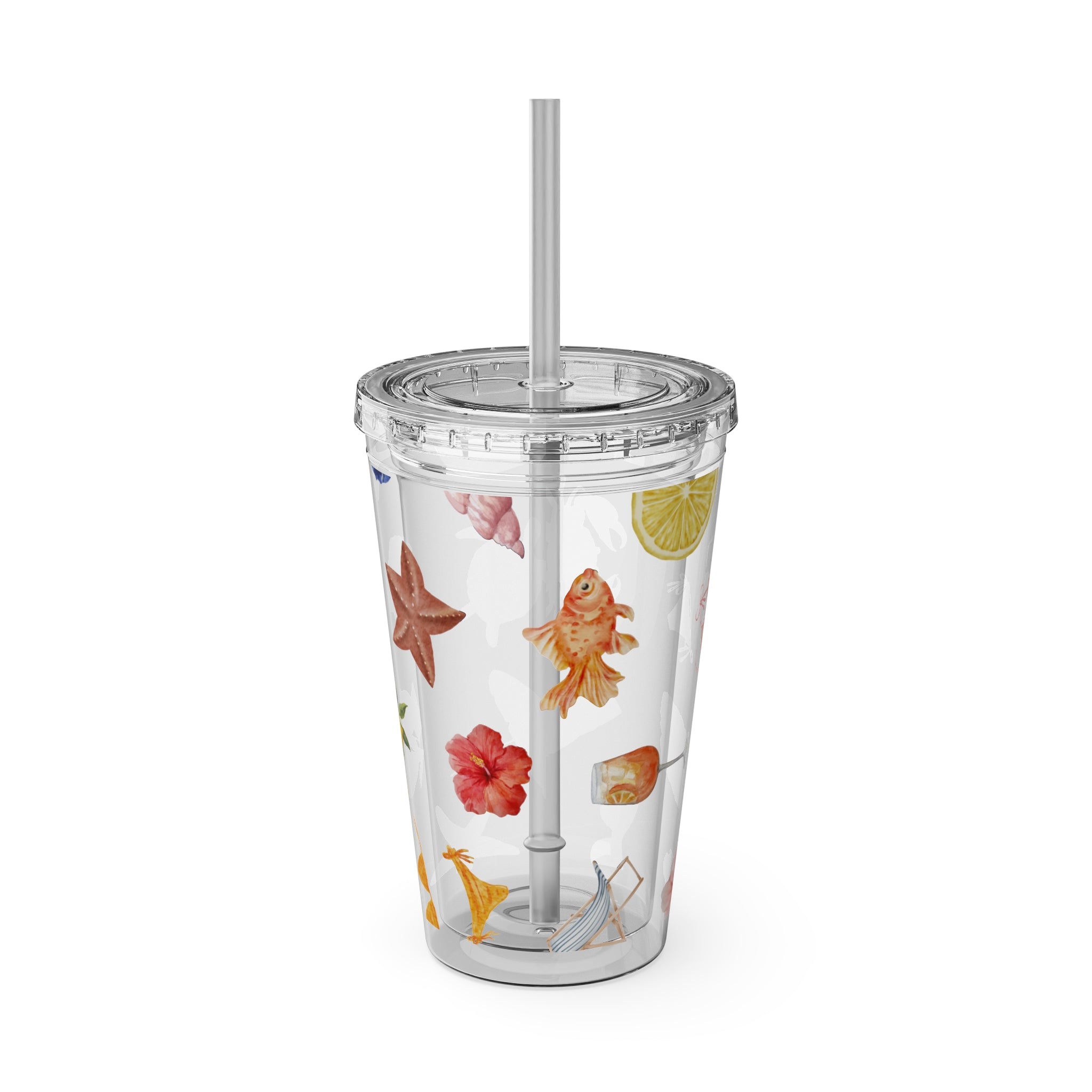 16oz Sunsplash Tumbler with Straw — Beach Shell & Tropical Watercolor Pattern