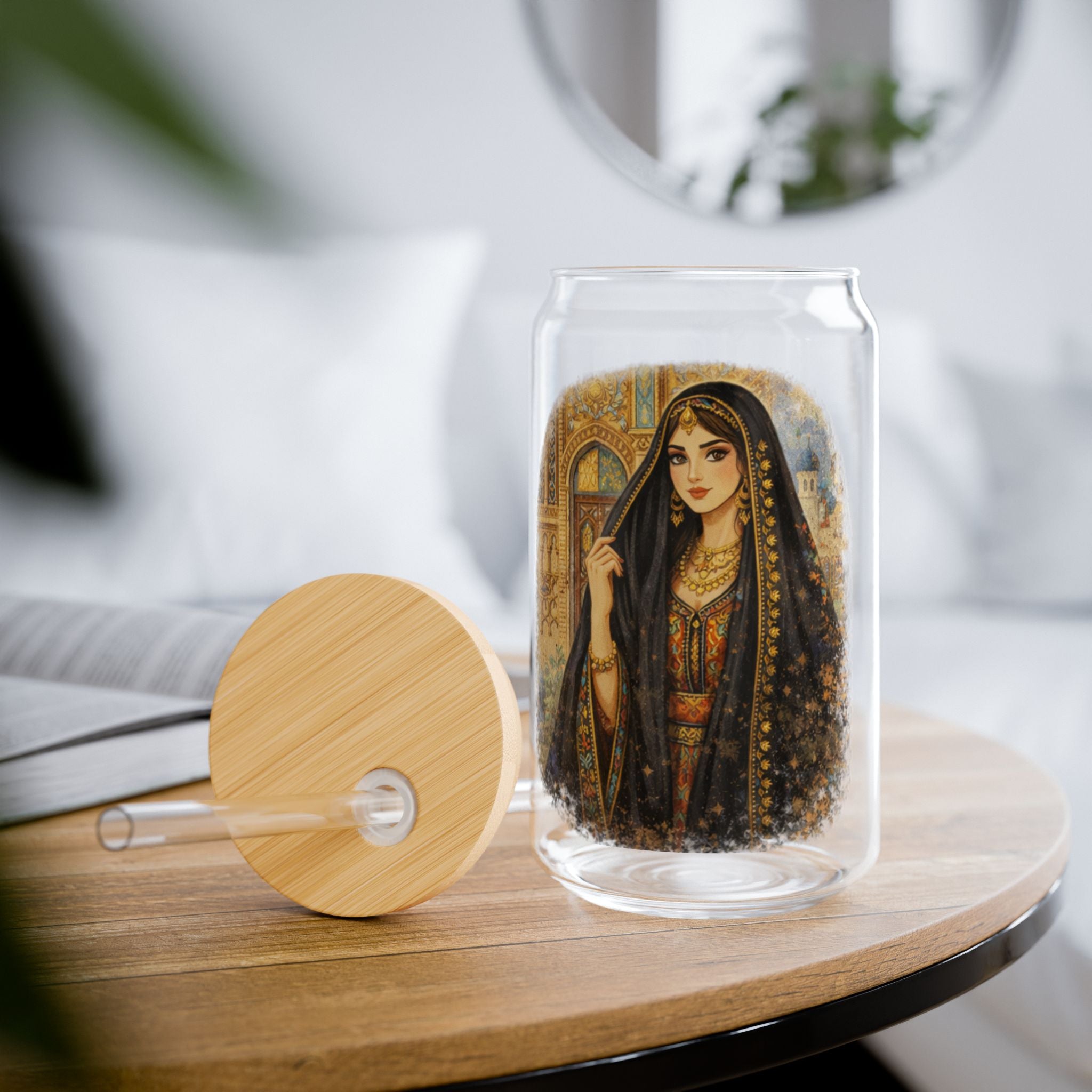 16oz Glass Sipper with Vintage Middle Eastern Woman Illustration
