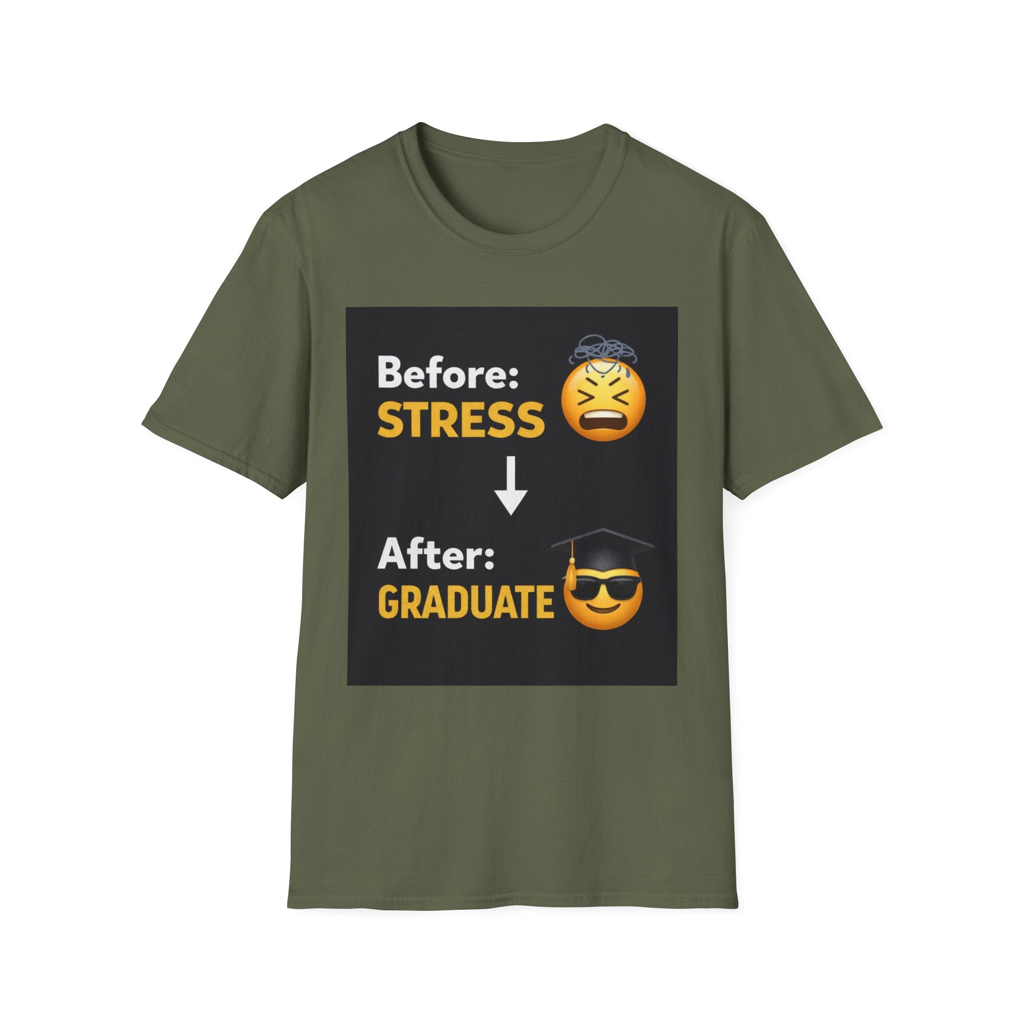 Graduation Emoji T-Shirt - "Before: STRESS → After: GRADUATE" Funny Grad Shirt