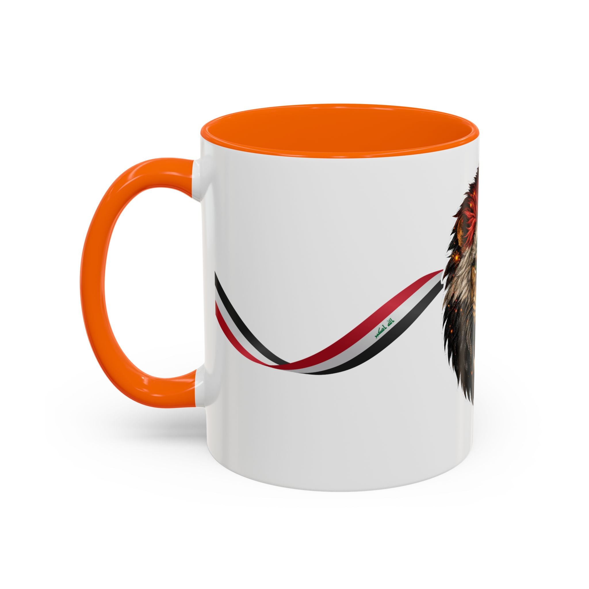 Iraq Lion Head Accent Coffee Mug with Arabic Script and Flag Ribbon – Patriotic Iraq Gift (11/15oz)