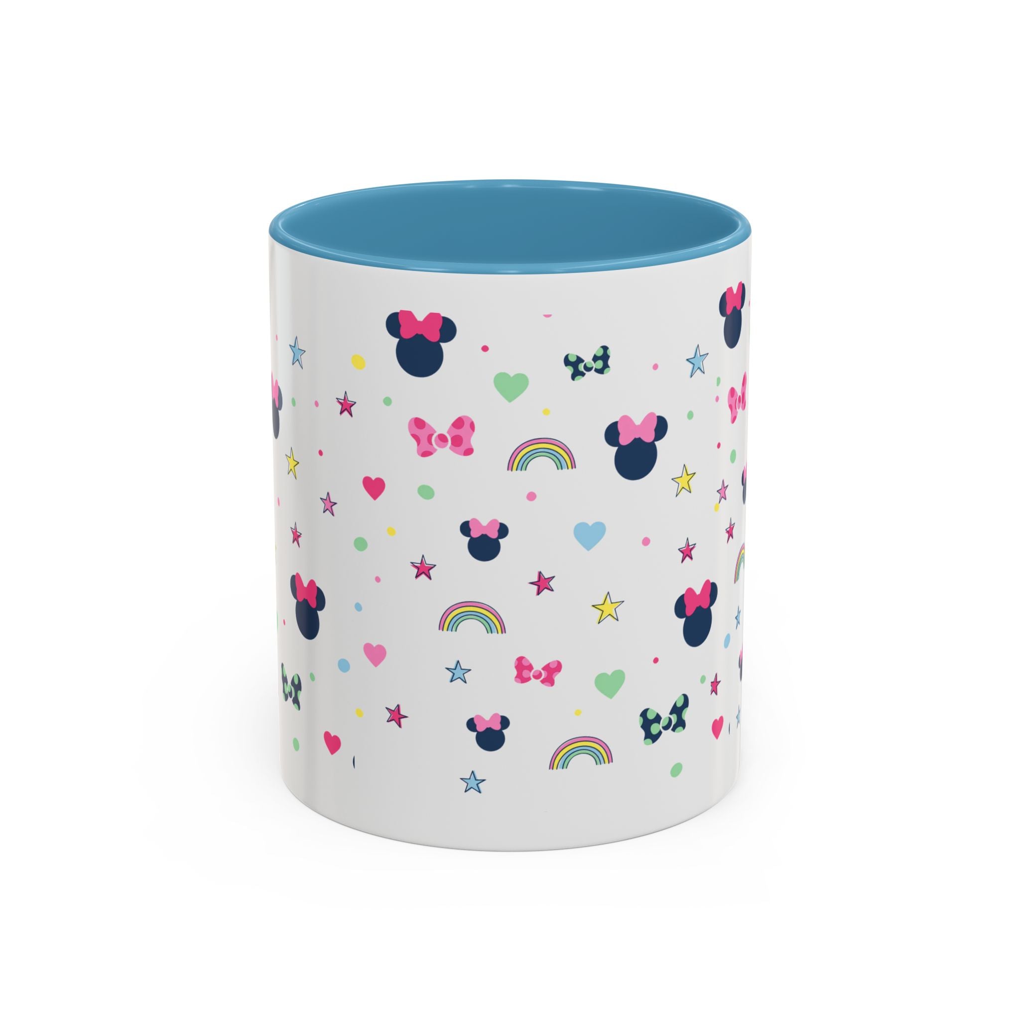 Minnie Dots Accent Coffee Mug — Cute Rainbow & Bow Pattern (11oz)