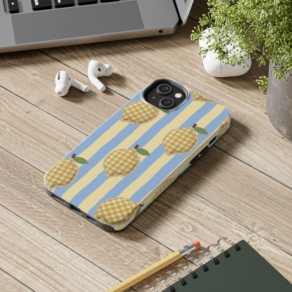 Tough Phone Case — Blue & Yellow Gingham Lemon Design