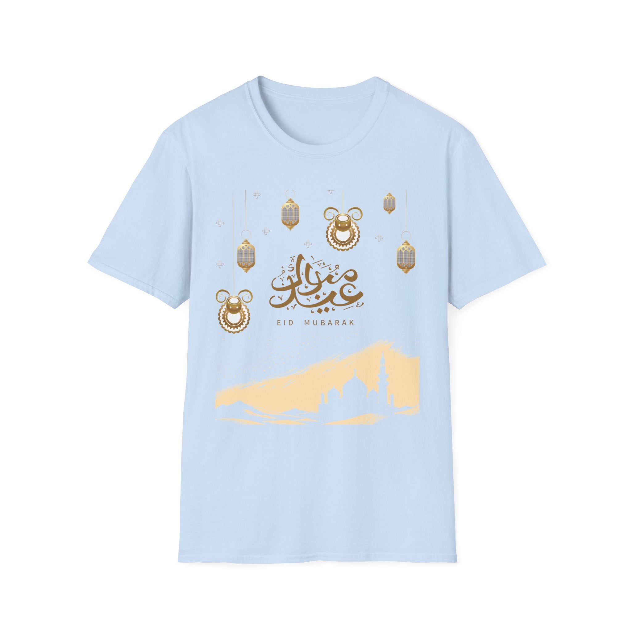 Eid Mubarak T-Shirt — Gold Lanterns & Mosque Silhouette