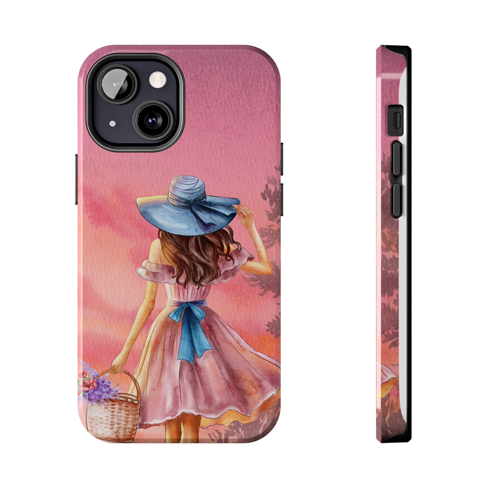 Pastel Picnic Girl Phone Case — Protective Tough Phone Case with Watercolor Sunset Design
