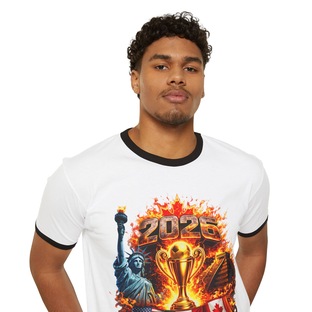 2026 North America Cup Ringer T-Shirt — USA Canada Mexico Trophy Design