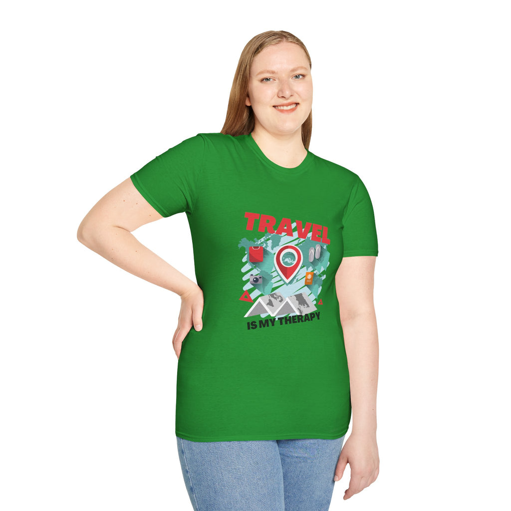 Travel Is My Therapy T-Shirt — Wanderlust Map Tee for Travelers & Adventure Lovers