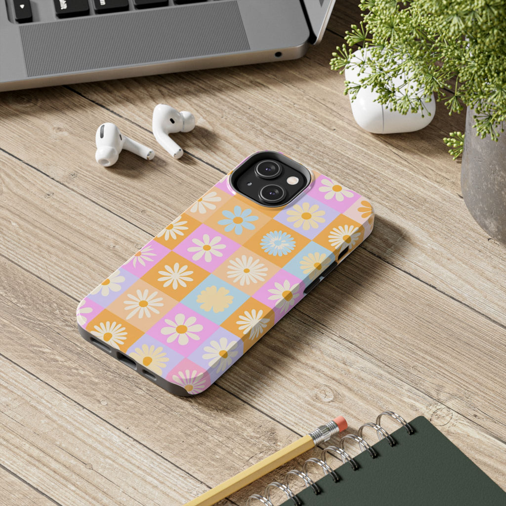 Daisy Check Tough Phone Case – Retro Pastel Floral iPhone Cover