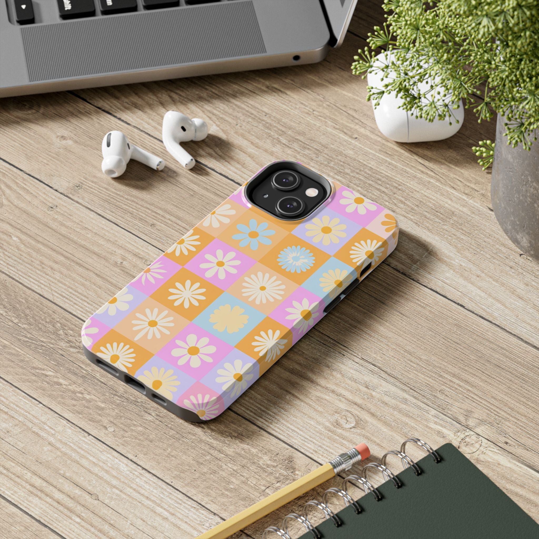 Daisy Check Tough Phone Case – Retro Pastel Floral iPhone Cover