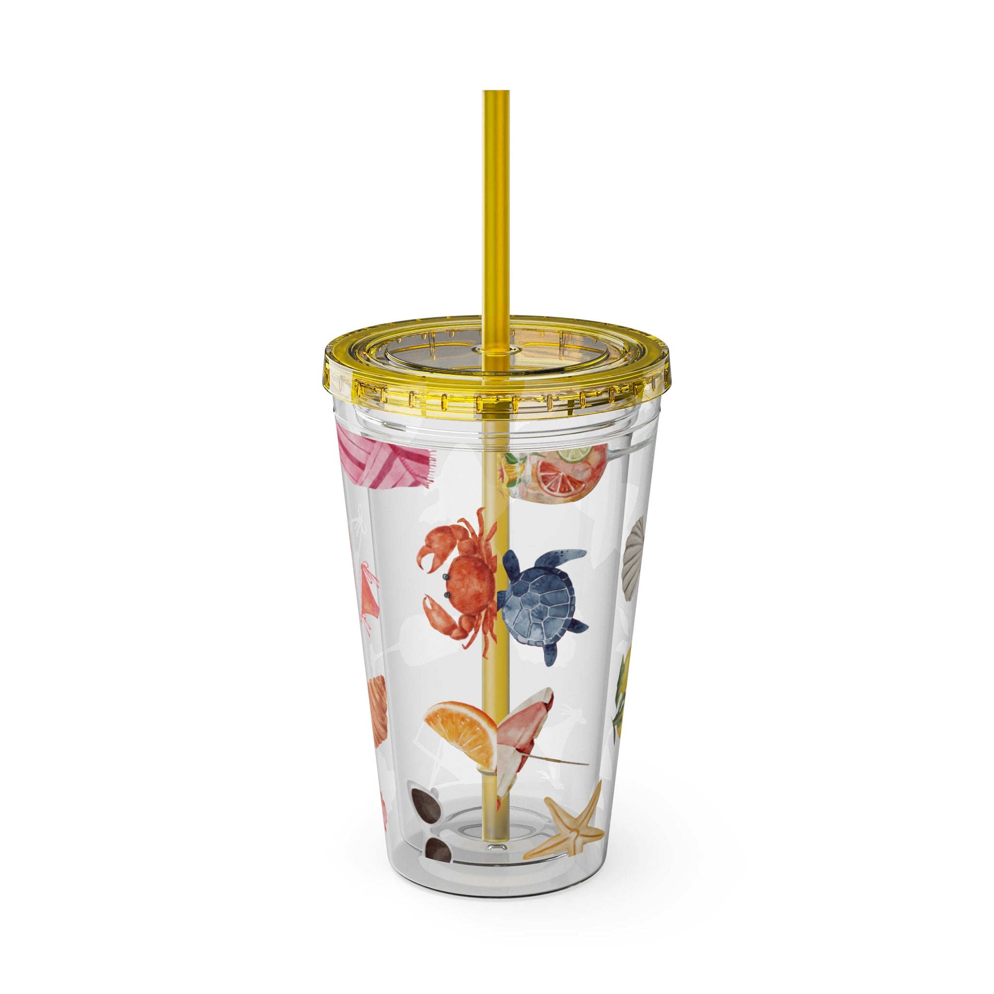 16oz Sunsplash Tumbler with Straw — Beach Shell & Tropical Watercolor Pattern