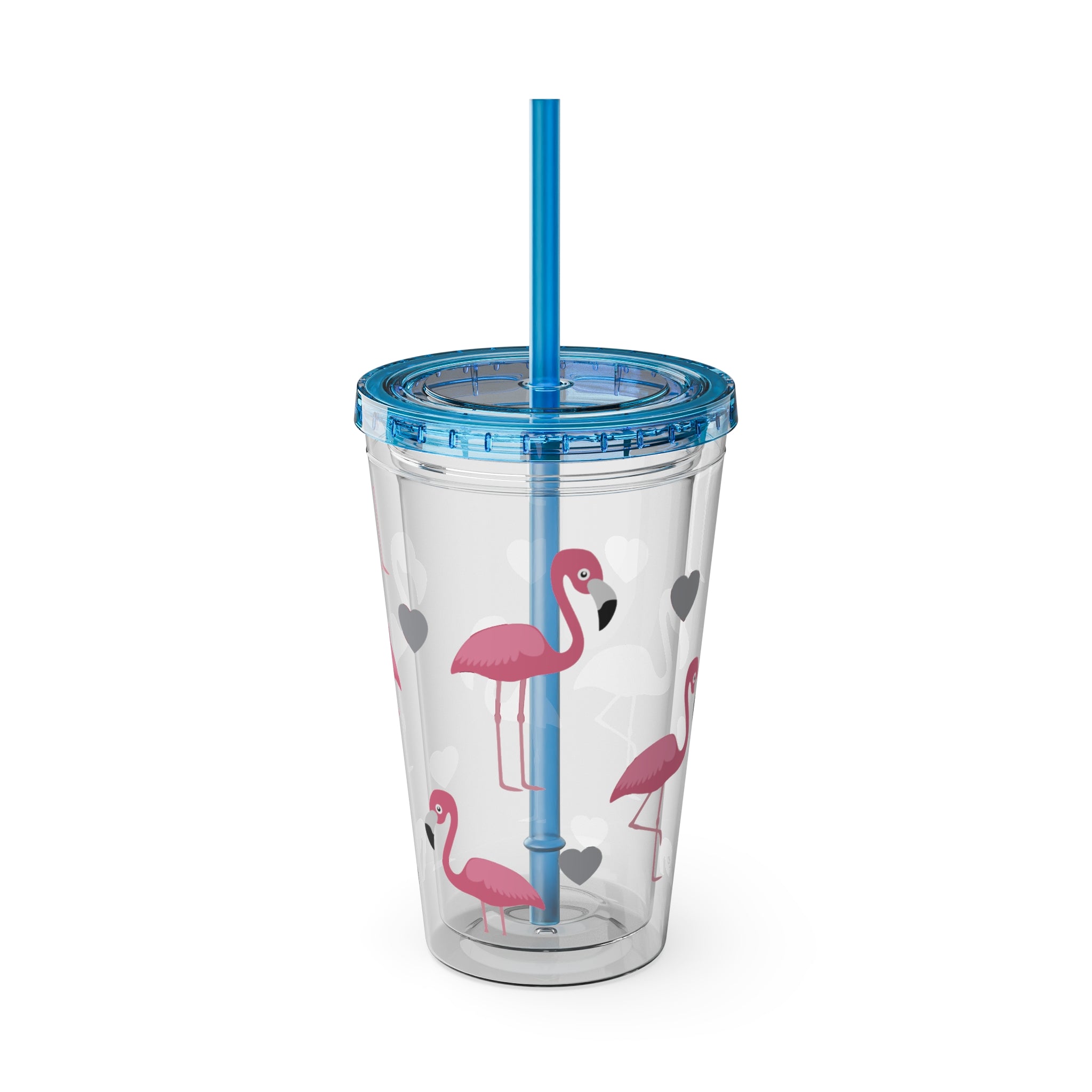Flamingo Heart 16oz Tumbler with Straw — Cute Pink Flamingo Drink Cup