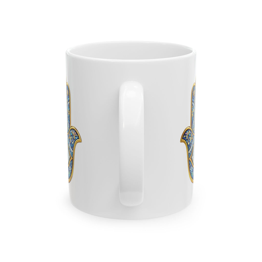Hamsa Art Ceramic Mug — Blue Gold Protective Hand Design (11oz, 15oz)