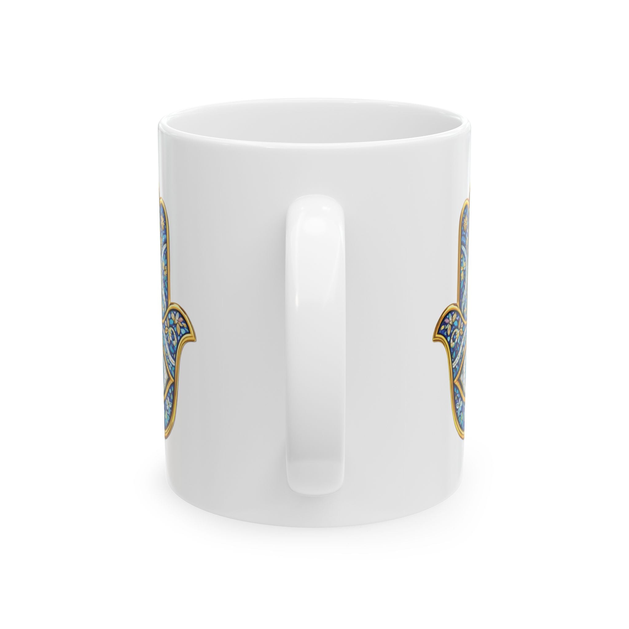 Hamsa Art Ceramic Mug — Blue Gold Protective Hand Design (11oz, 15oz)