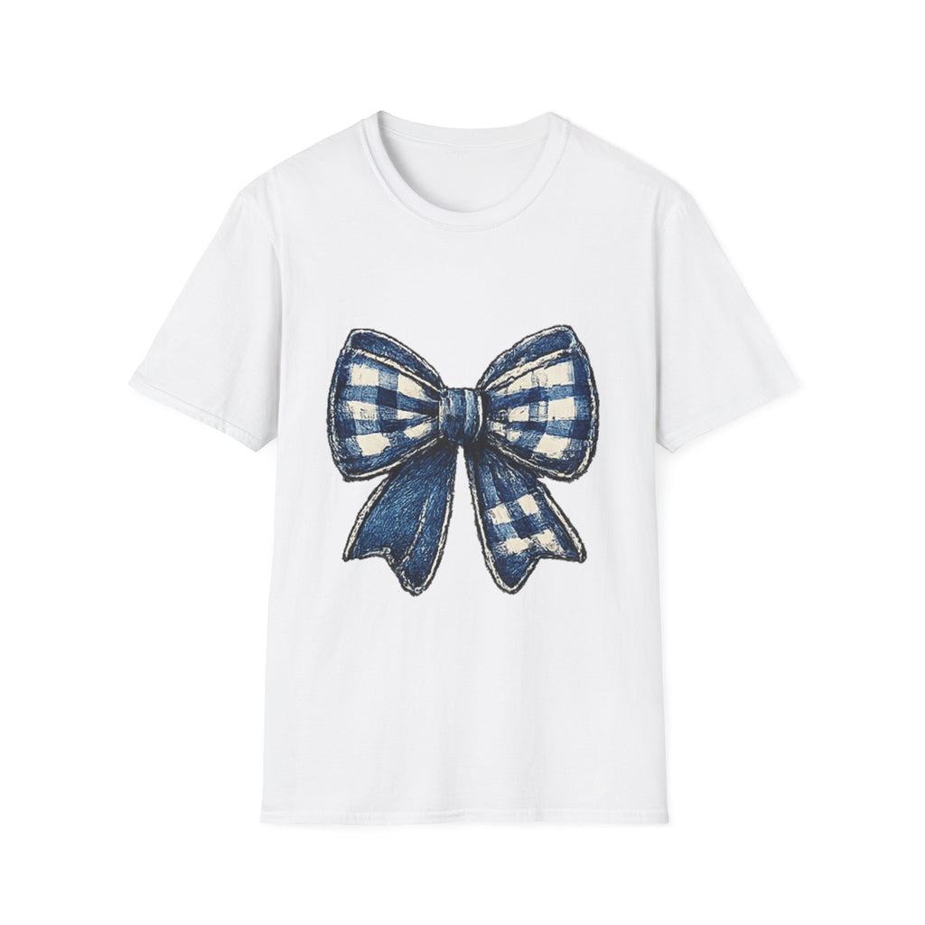 Bow Graphic T-Shirt — Blue Plaid Bow Design