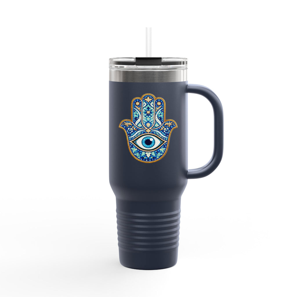 Hamsa Hand 40oz Insulated Travel Mug — Blue Evil Eye Tumbler