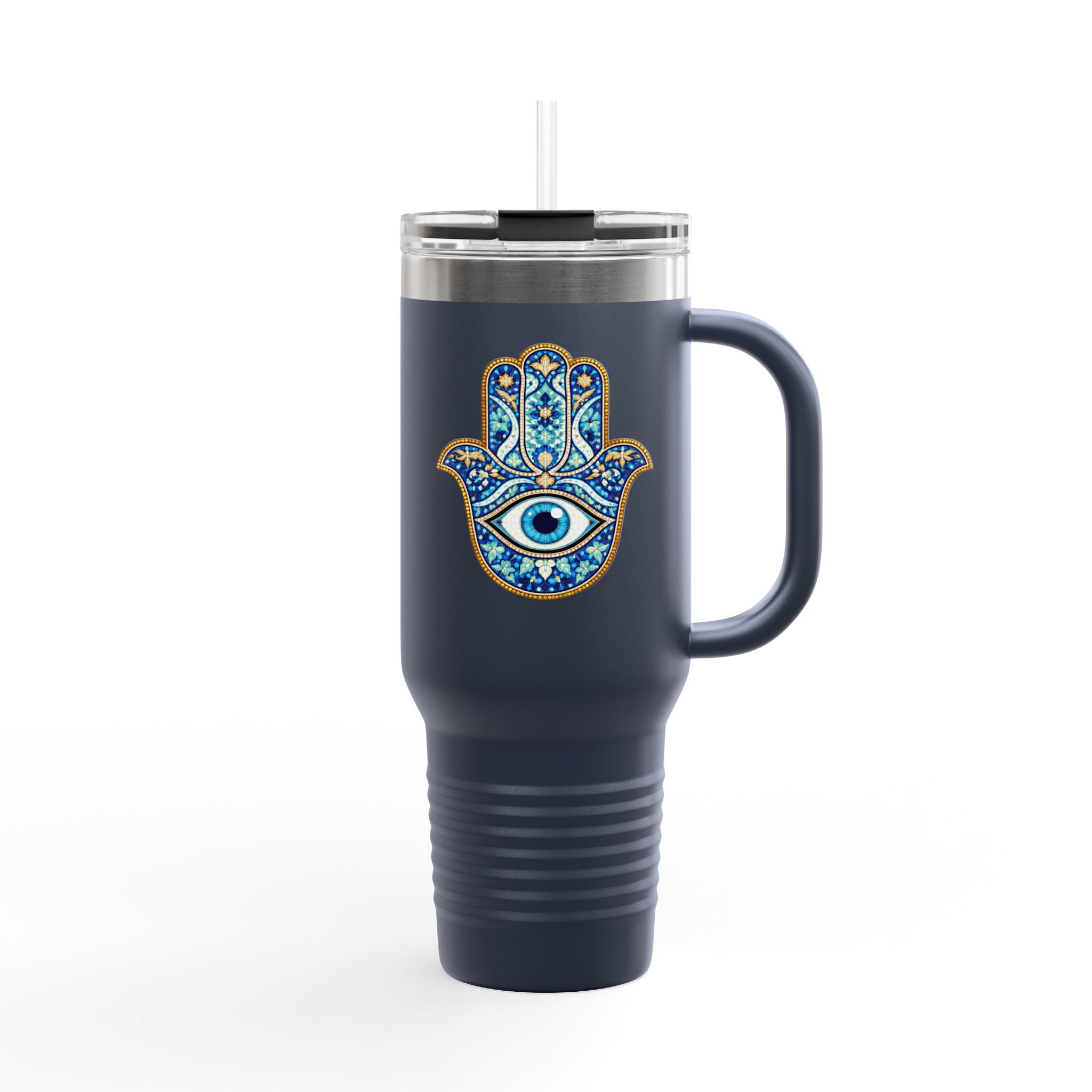 Hamsa Hand 40oz Insulated Travel Mug — Blue Evil Eye Tumbler