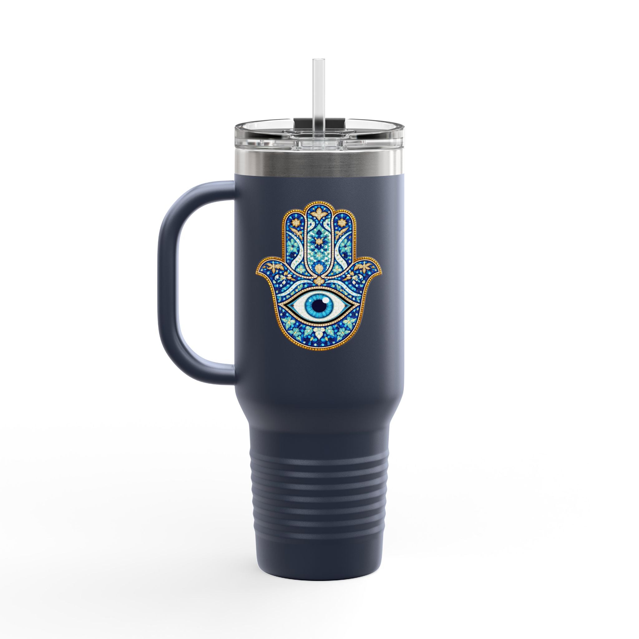Hamsa Hand 40oz Insulated Travel Mug — Blue Evil Eye Tumbler
