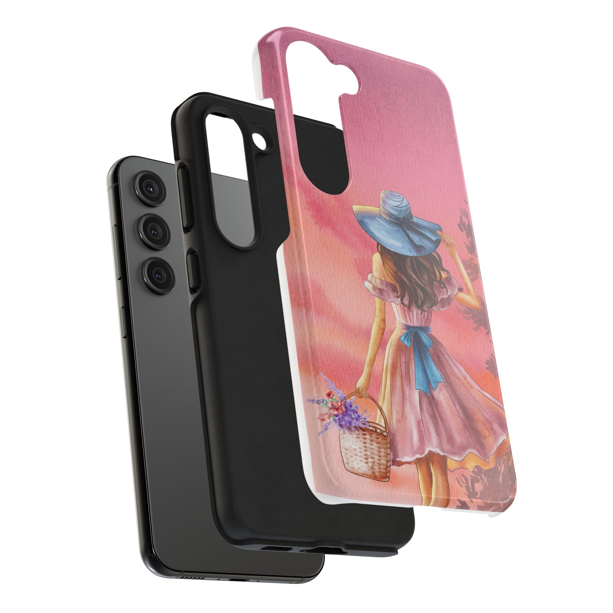 Pastel Picnic Girl Phone Case — Protective Tough Phone Case with Watercolor Sunset Design