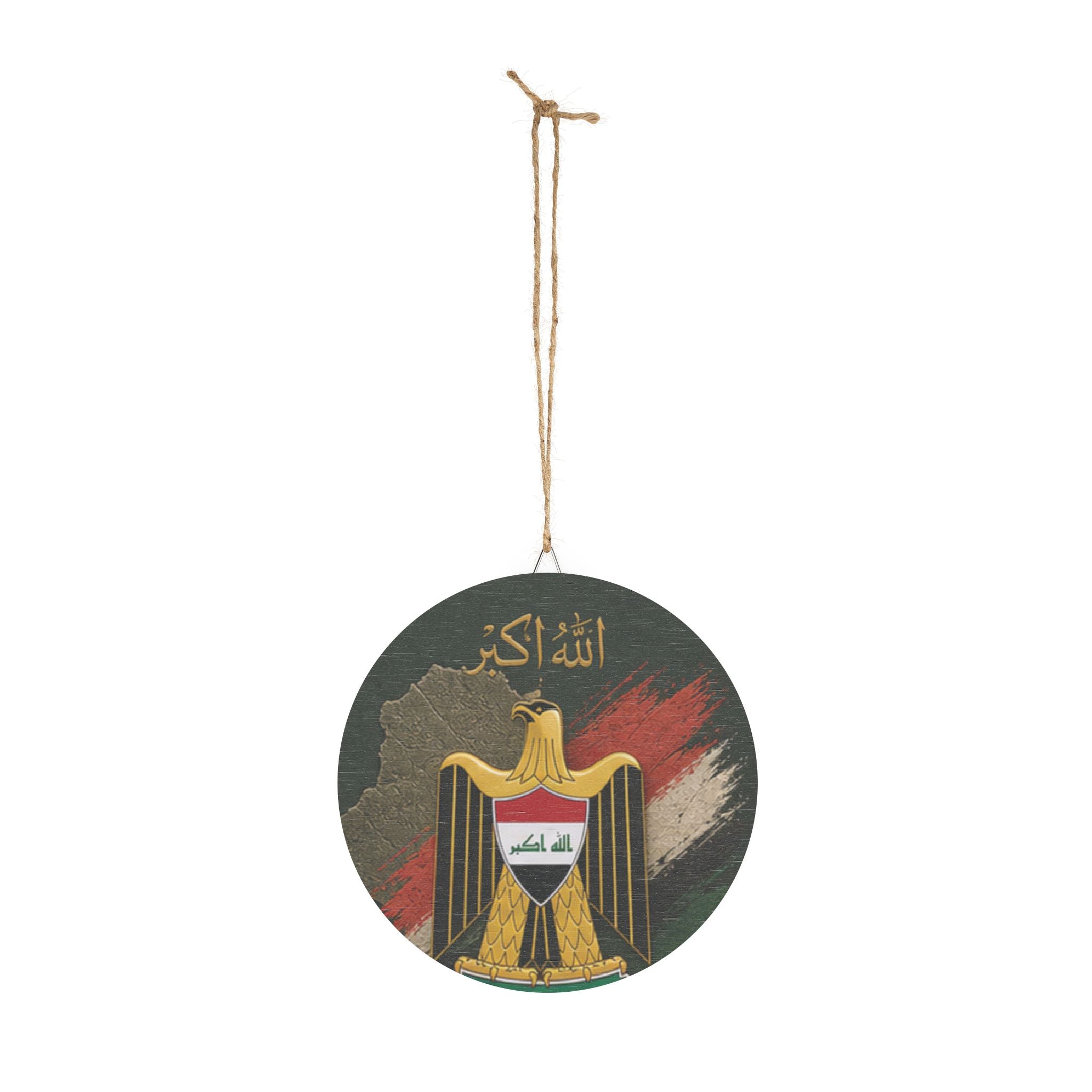 Iraq Flag Round Wood Sign — Eagle Emblem Home Wall Decor