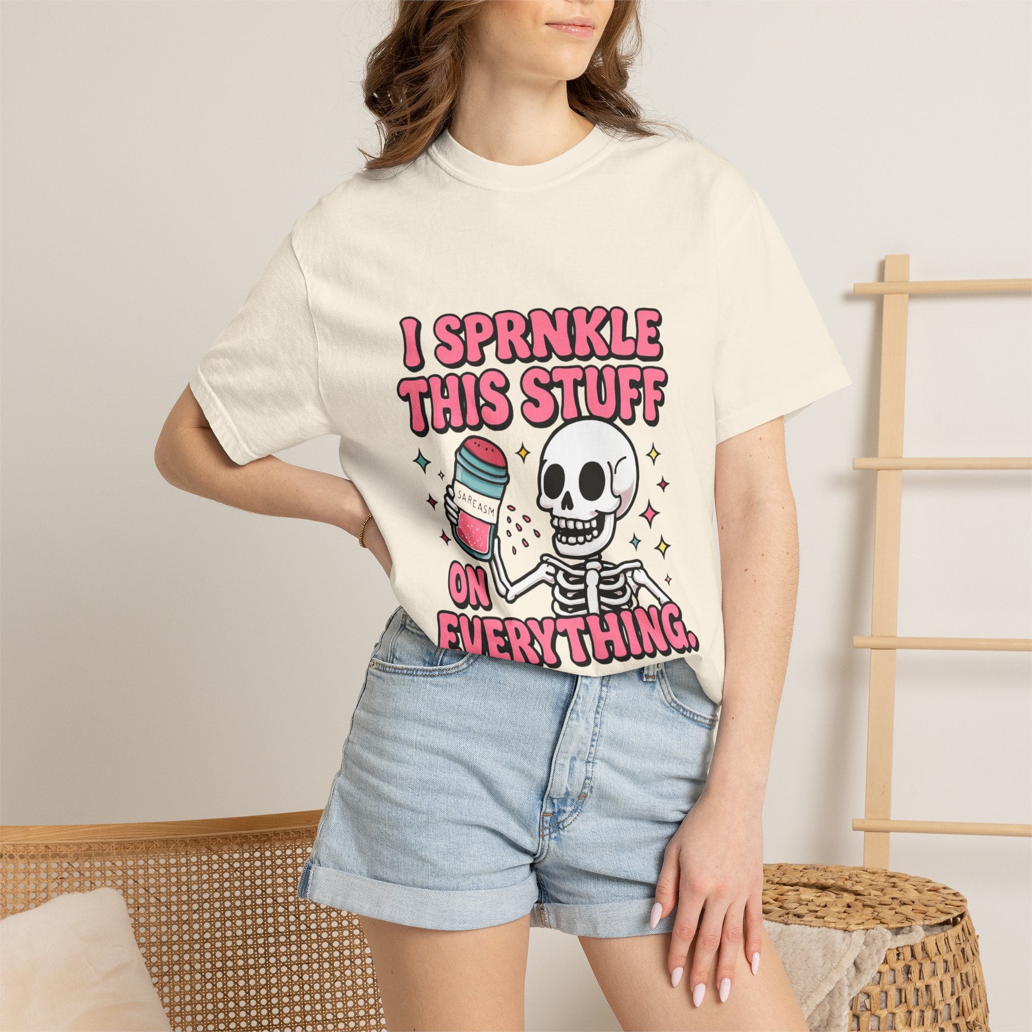 I Sprinkle This Stuff On Everything T-Shirt — Cute Skeleton Sprinkle Shaker Graphic Tee