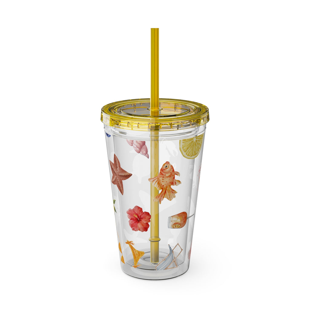 16oz Sunsplash Tumbler with Straw — Beach Shell & Tropical Watercolor Pattern