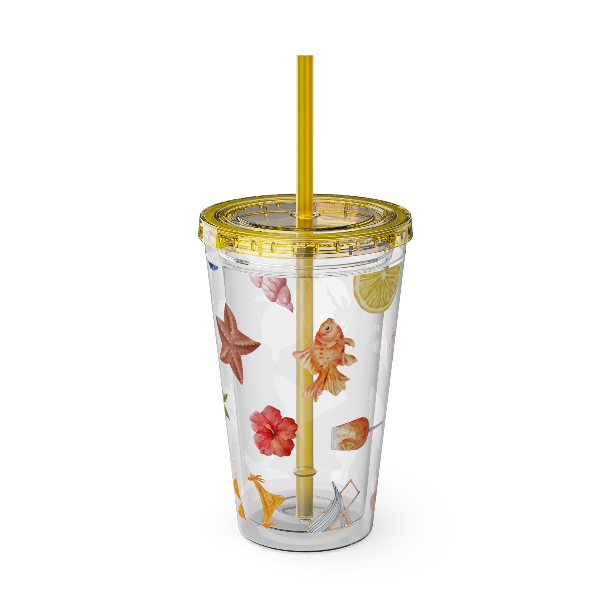 16oz Sunsplash Tumbler with Straw — Beach Shell & Tropical Watercolor Pattern