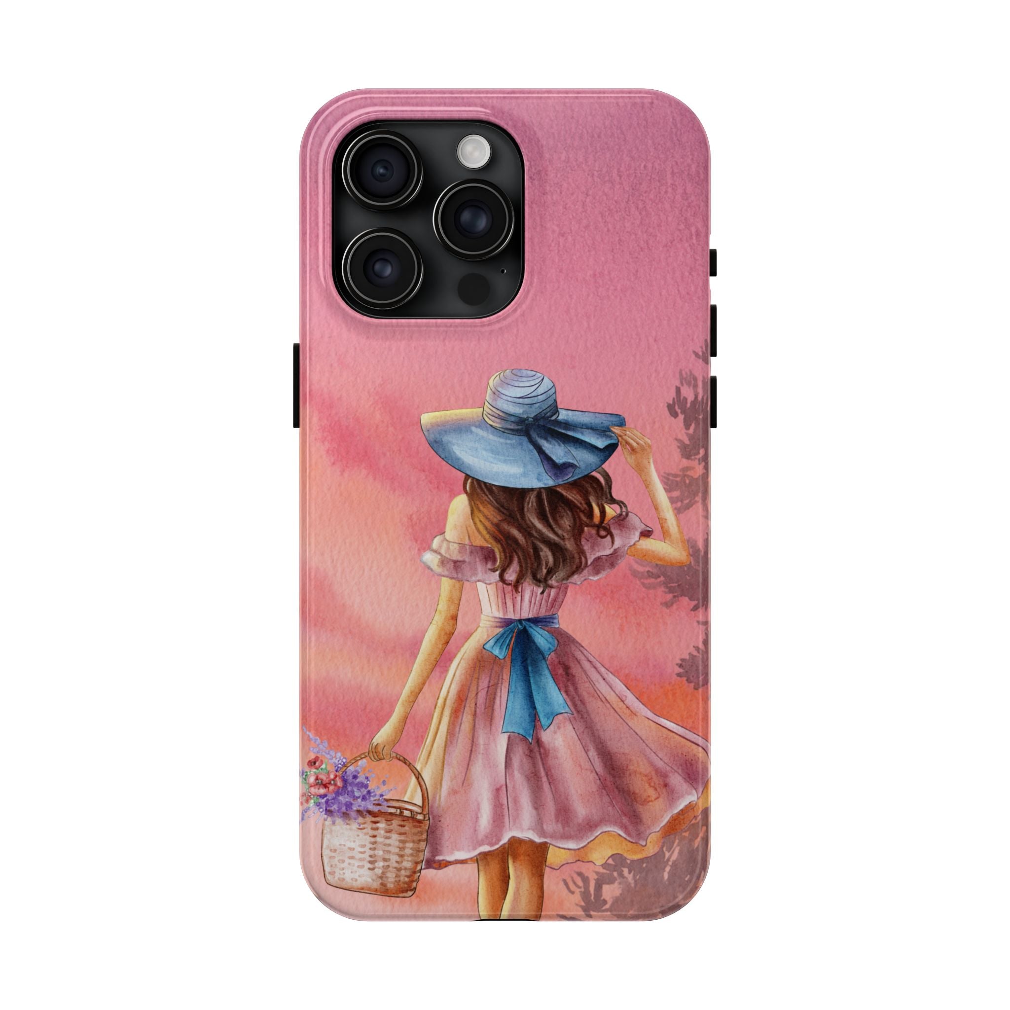 Pastel Picnic Girl Phone Case — Protective Tough Phone Case with Watercolor Sunset Design