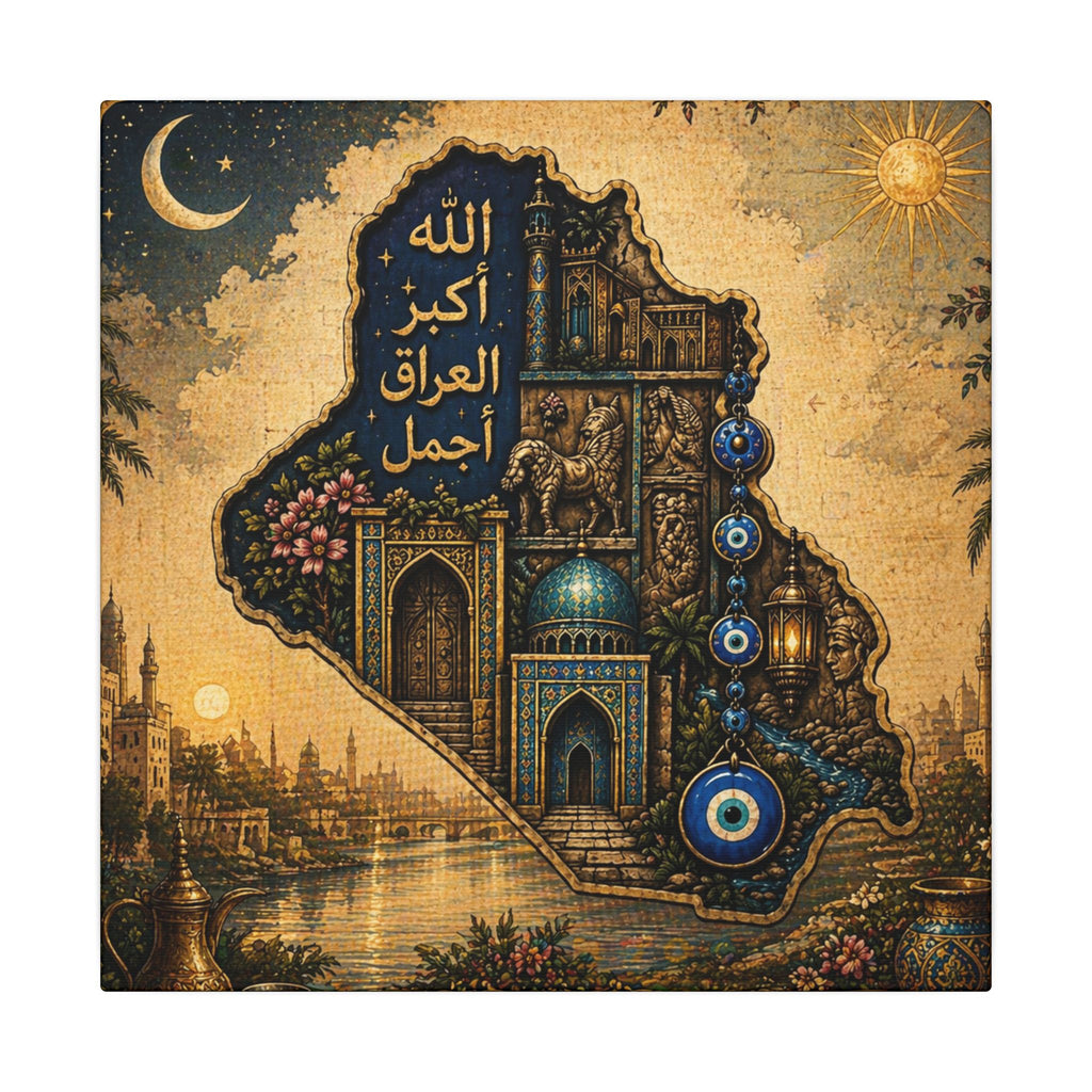 Iraq Map Wall Art Canvas — Arabic 'Allahu Akbar, Iraq is Beautiful' Matte Stretched Print