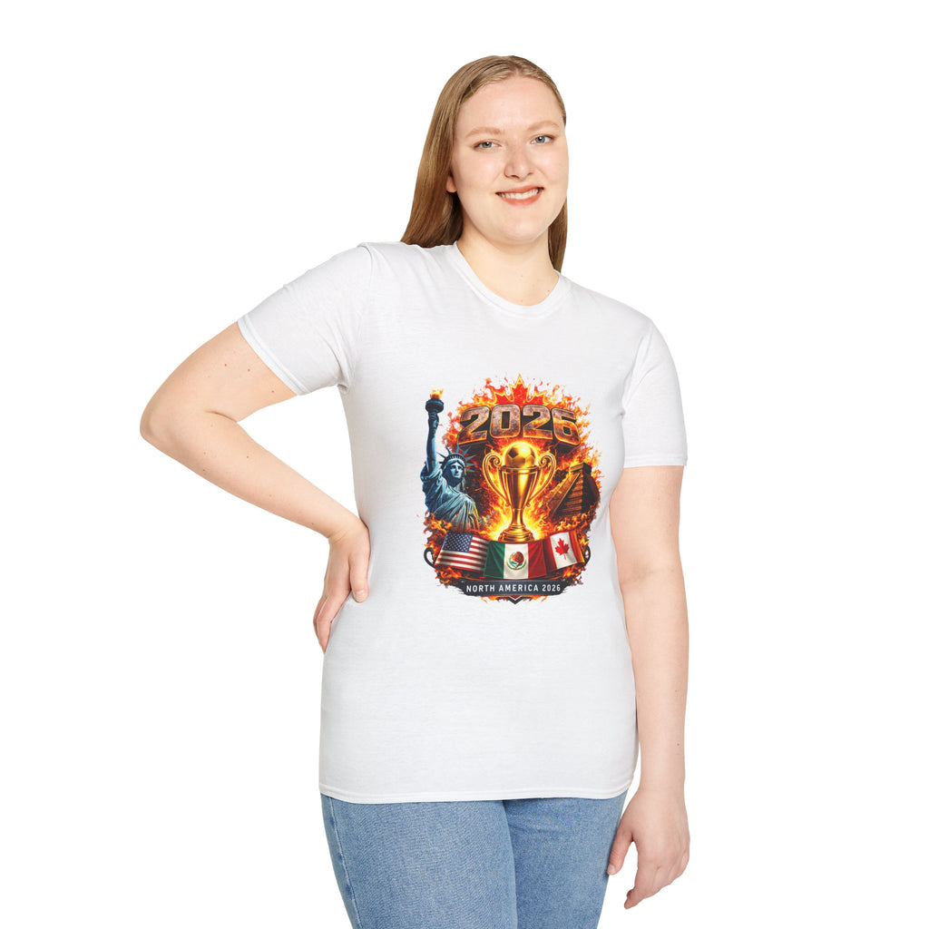 2026 North America Soccer Cup T-Shirt — Trophy, Statue of Liberty & Flags Graphic