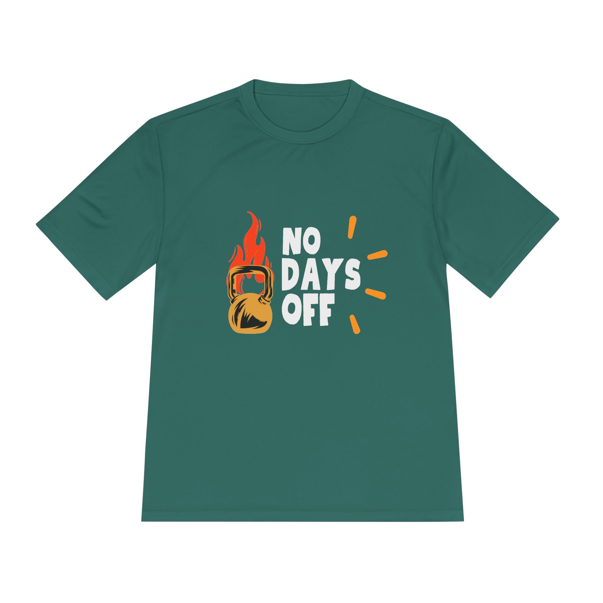 No Days Off Flame Kettlebell Tee — Motivational Gym Workout Shirt